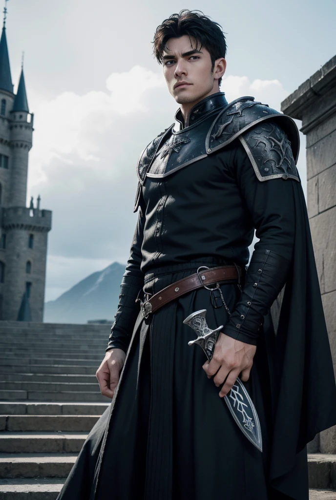 UHD, Westeros (Inspired by "Game of Thrones"), A grand castle of storm's end in the background, Standing on the stairs path is a handsome powerful, battle-hardened man with piercing blue eyes and a strong jawline. His armor is open at the chest, revealing his muscular, toned body. His short dark hair is tousled by the stormy wind, and his intense gaze locks onto the viewer. With one hand resting on the hilt of his sword, he exudes confidence, danger, and raw, irresistible allure.