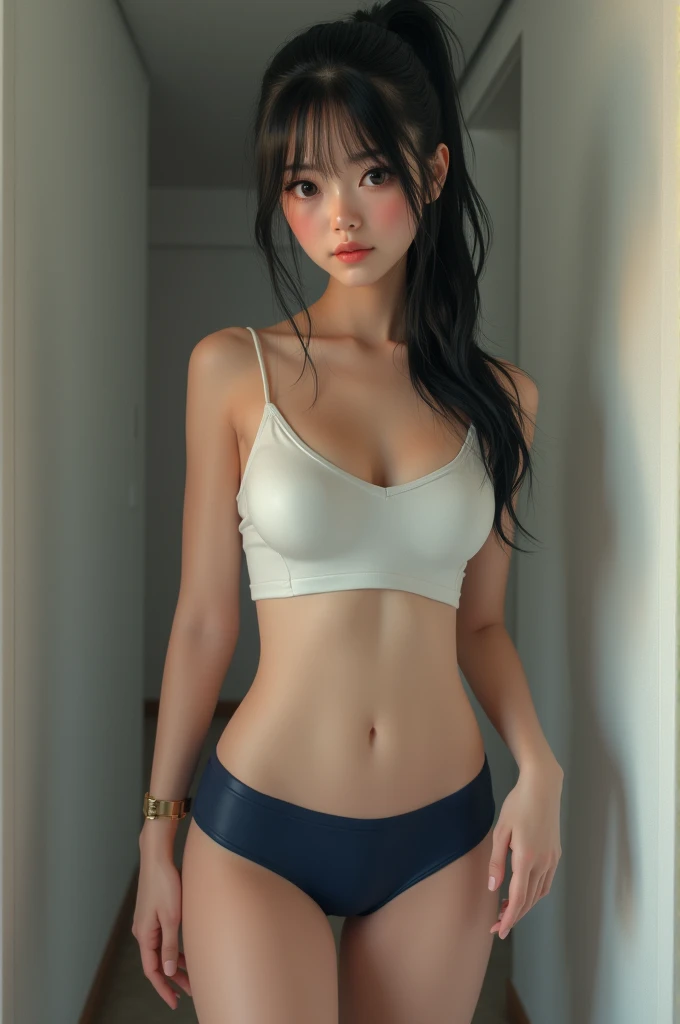 /sixteen years old girl, bikini, cute girl, deep navel, black bikini, indoor, indian, black eyes, smile, mole in cleavage, front view