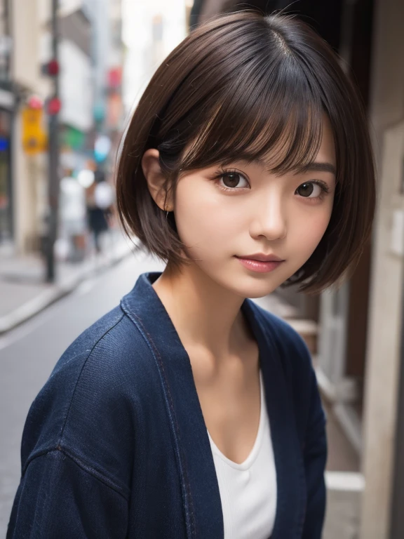 A Japanese girl, layering fashion, brown short cut hair, selfie, (Larger breasts : 0.8), Surrealism, high detail, Realism, UHD, super detail, textured realistic skin, high details, high quality