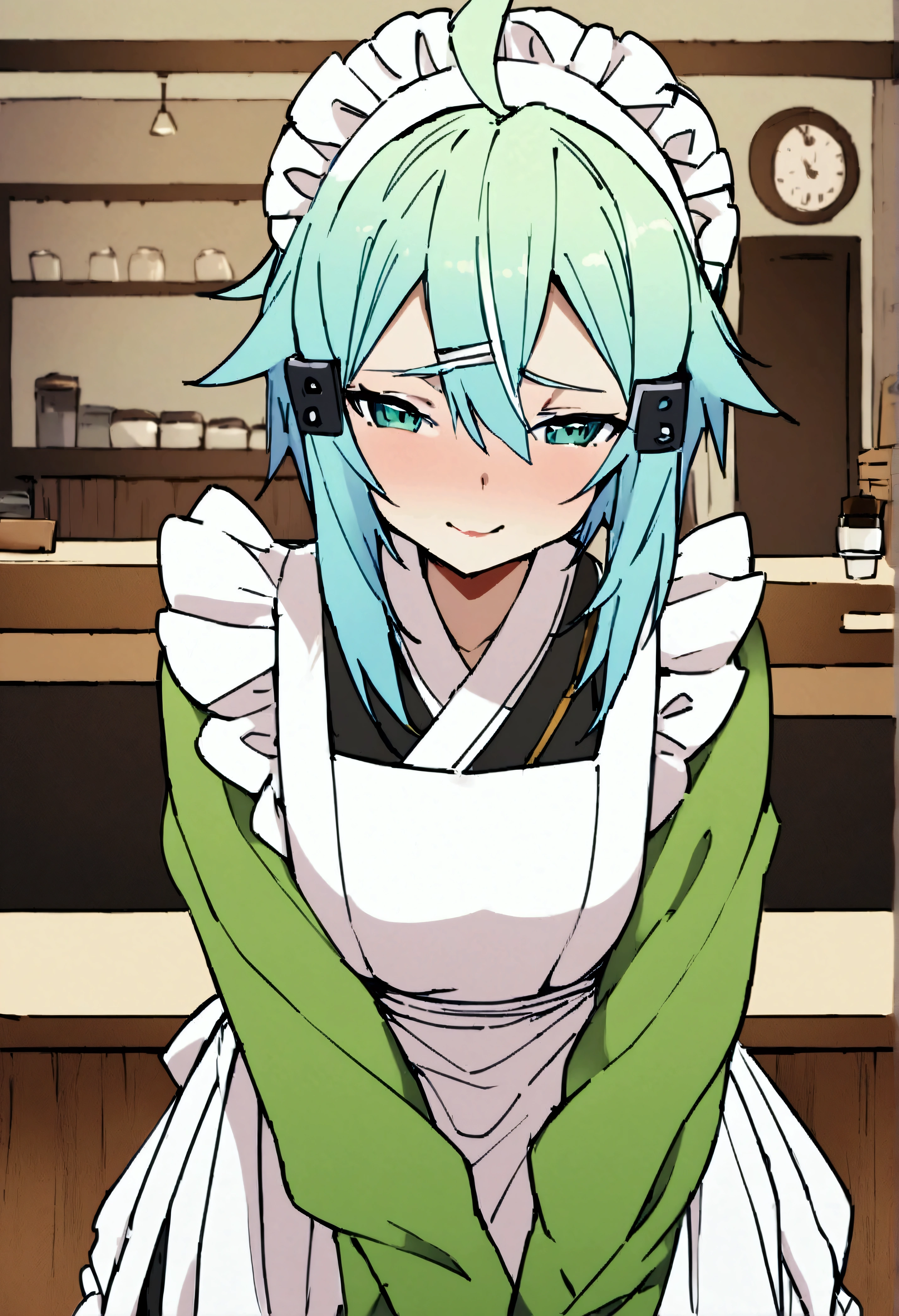 NSFW,masterpiece,Best Quality,High resolution,Very detailed,One girl,Sinon\(Sword Art Online\),kimono、kimono、White apron、緑のkimono、Hair accessories、Long sleeve、Maid、和Maid、Sleeve length up to the wrist、Ruffled Apron、Green Sleeves,Bad Smile,Seduce,Lustful face,I feel,Coffee shop,counter