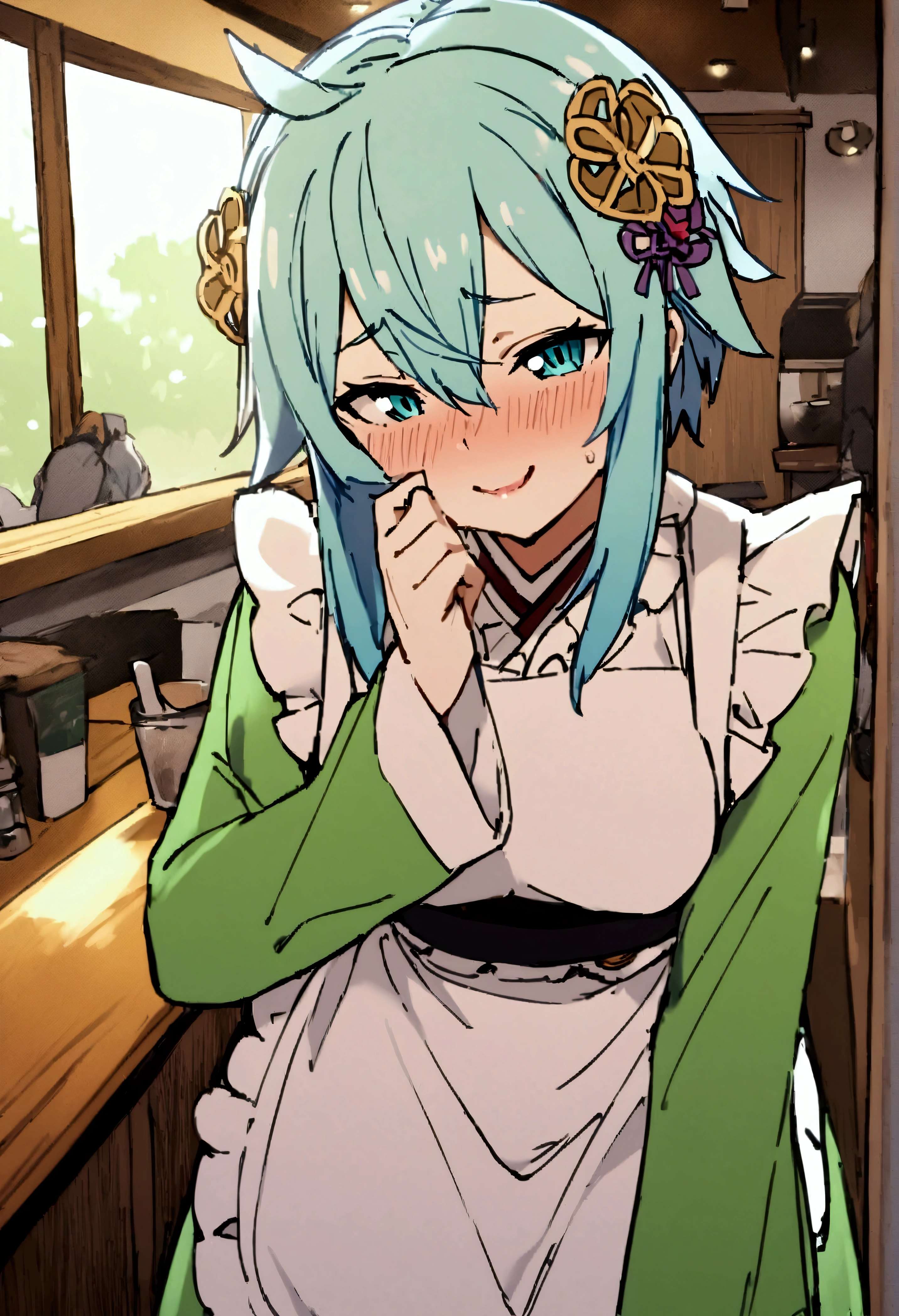 NSFW,masterpiece,Best Quality,High resolution,Very detailed,One girl,Sinon\(Sword Art Online\),kimono、kimono、White apron、緑のkimono、Hair accessories、Long sleeve、Maid、和Maid、Sleeve length up to the wrist、Ruffled Apron、Green Sleeves,Bad Smile,Seduce,Lustful face,I feel,Coffee shop,counter