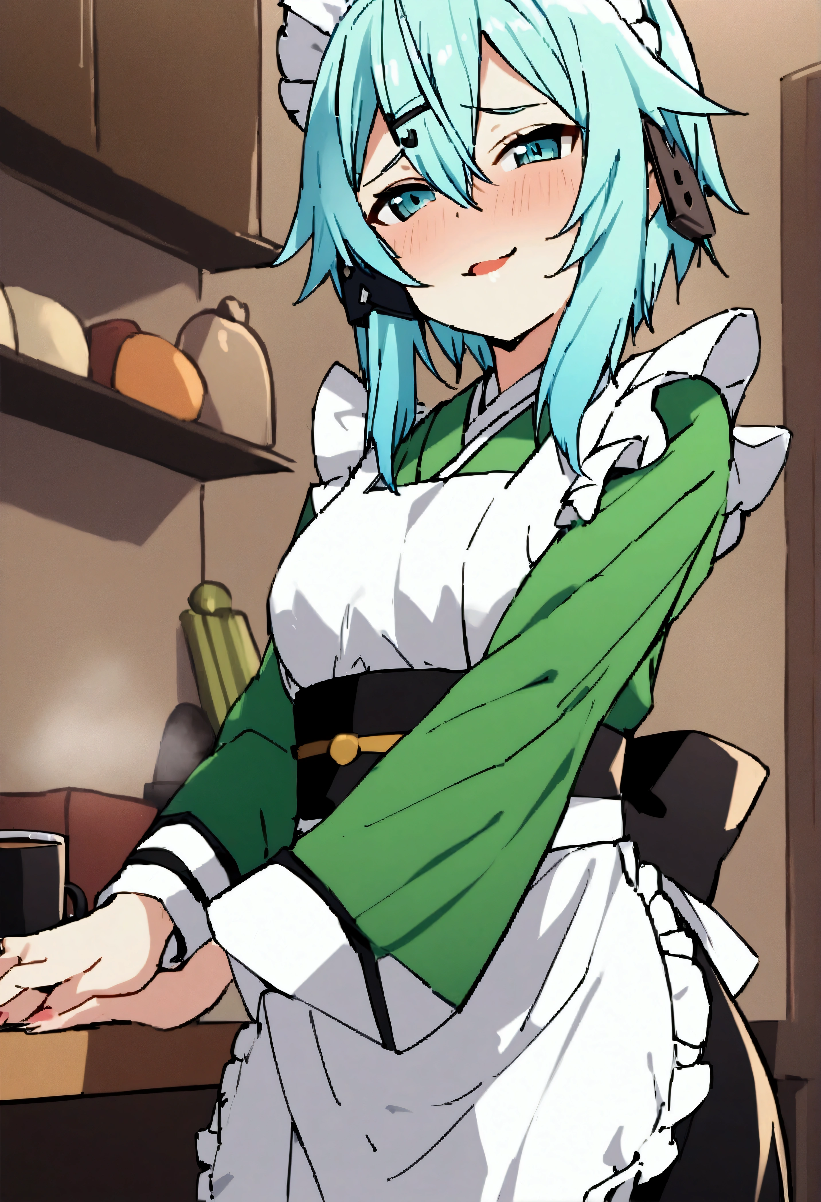 NSFW,masterpiece,Best Quality,High resolution,Very detailed,One girl,Sinon\(Sword Art Online\),kimono、kimono、White apron、緑のkimono、Hair accessories、Long sleeve、Maid、和Maid、Sleeve length up to the wrist、Ruffled Apron、Green Sleeves,Bad Smile,Seduce,Lustful face,I feel,Coffee shop,counter