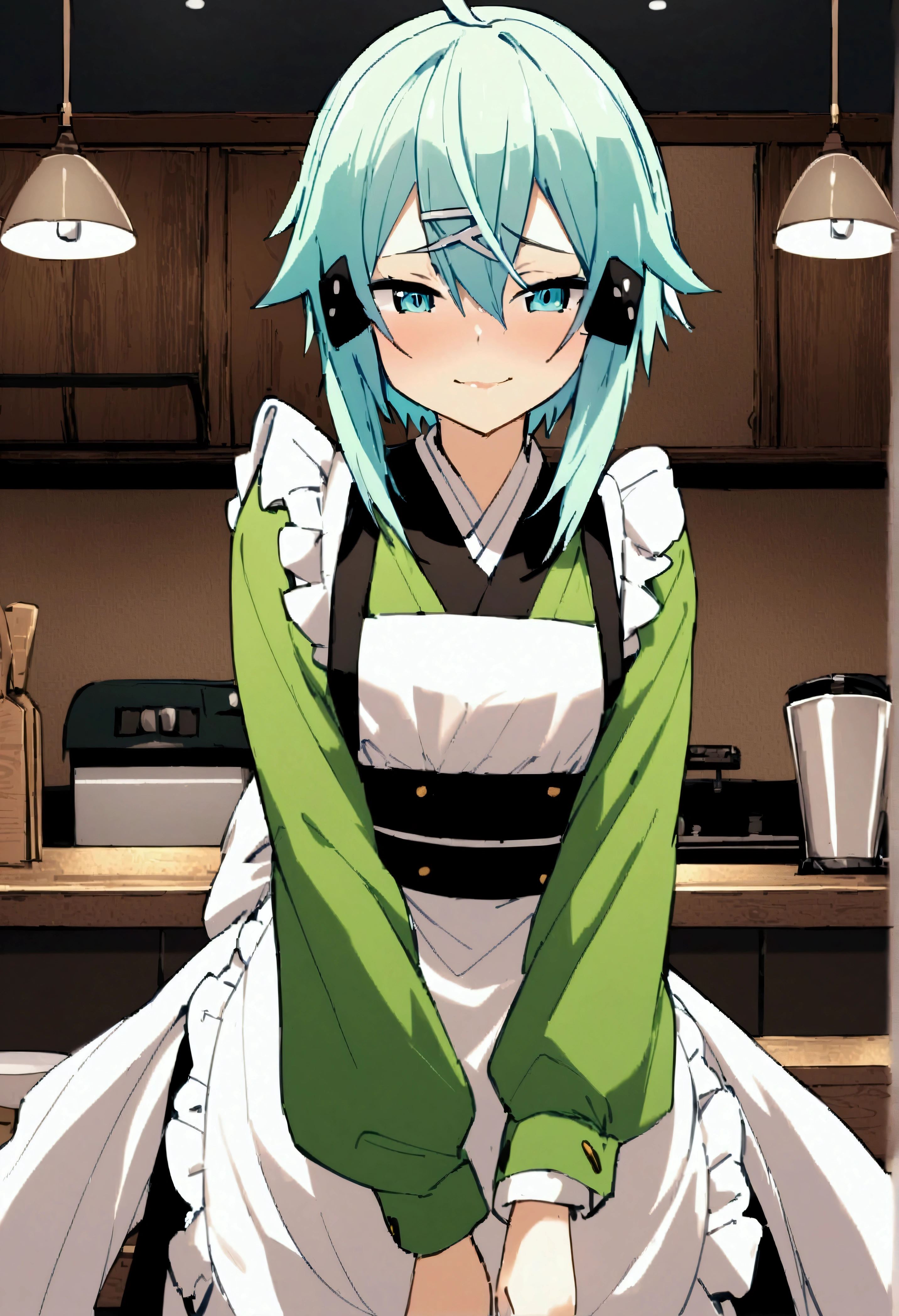 NSFW,masterpiece,Best Quality,High resolution,Very detailed,One girl,Sinon\(Sword Art Online\),kimono、kimono、White apron、緑のkimono、Hair accessories、Long sleeve、Maid、和Maid、Sleeve length up to the wrist、Ruffled Apron、Green Sleeves,Bad Smile,Seduce,Lustful face,I feel,Coffee shop,counter