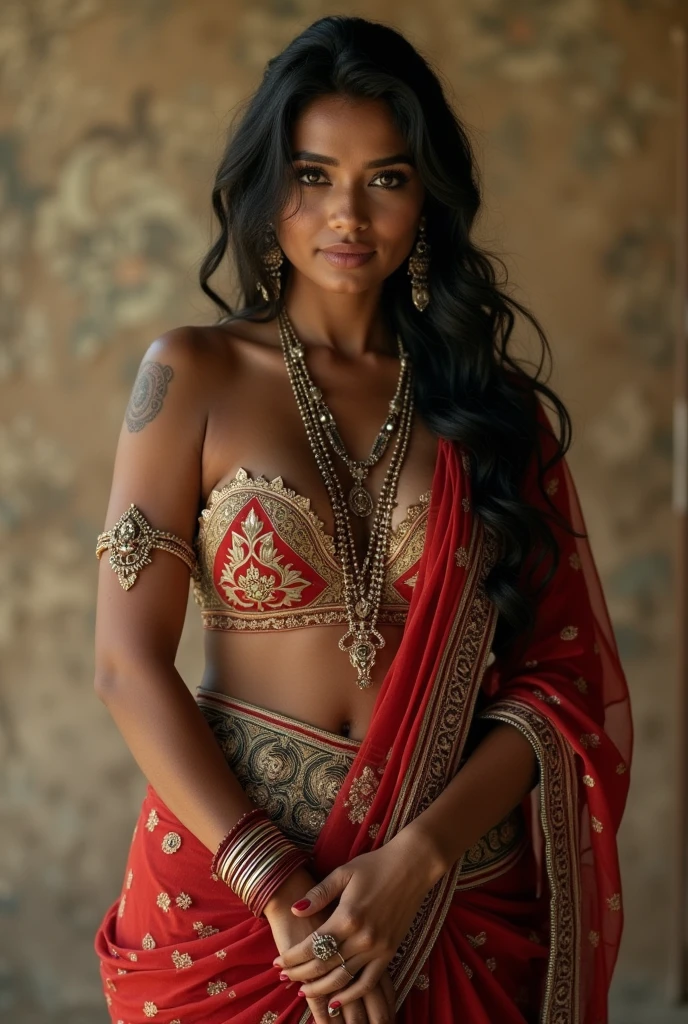 pooja hedge, beautiful detailed eyes, beautiful detailed lips, extremely detailed face and eyes, long eyelashes, indian woman, traditional indian lehenga, intricate ornate jewelry, ornate headdress, opulent, vibrant colors, detailed embroidery, shimmering fabric, ornate decorative background, photo-realistic, 8k, highly detailed, masterpiece