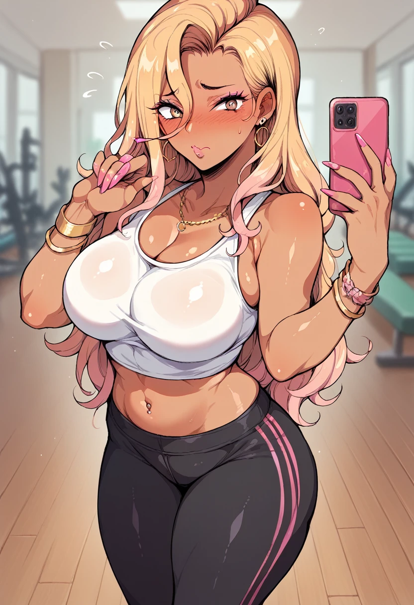 ((sexy girl ,gyaru))nsfw,glamorous, yoga wear.point the smart phone,embarrassed,blush,looking at viewer