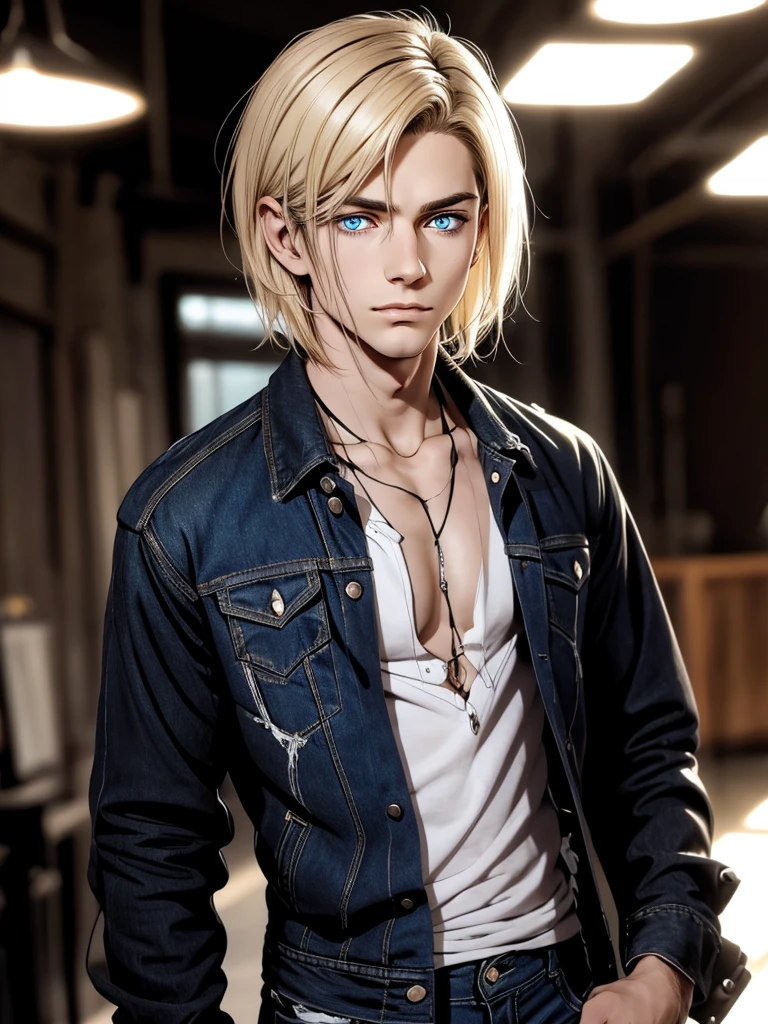 (best quality), 1boy, young man, pale skin, (blonde hair), ((black ombre)), short hair, messy hair, messy bangs, hair over eyes, (dark blue eyes), perfect eyes, dark circles under eyes, scar over lip, scrawny body, scowl, cute face, oversized jacket, tattered shirt, ripped jeans, flat chest, masterpiece, anatomically correct, highres
