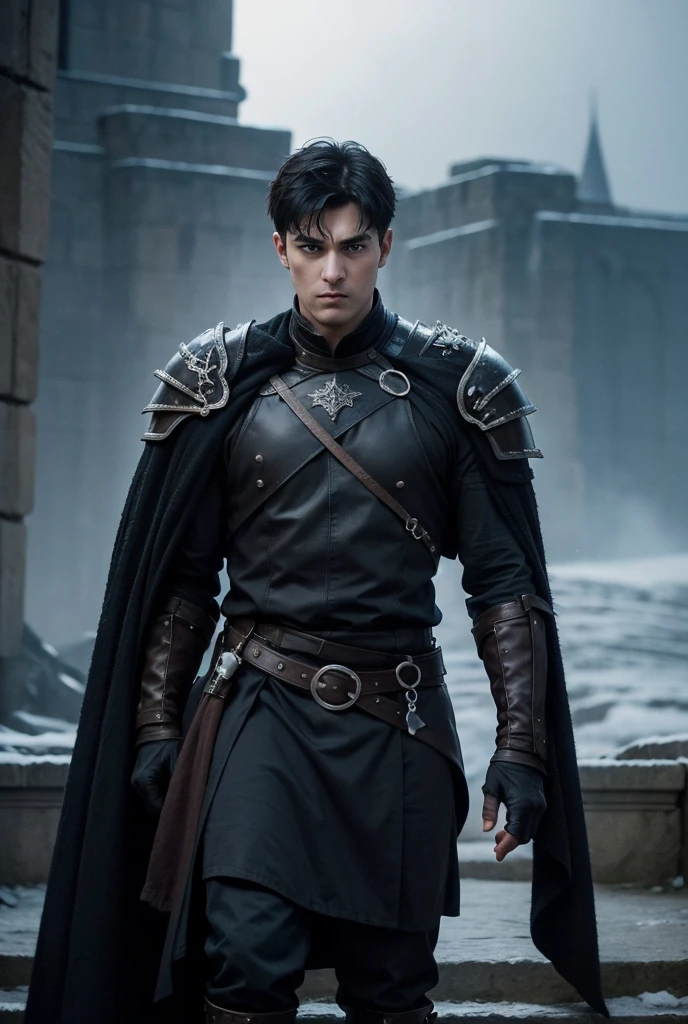 UHD, Westeros (Inspired by "Game of Thrones"), A grand castle of storm's end in the background, Standing on the stairs path is a handsome powerful, battle-hardened man with piercing blue eyes and a strong jawline. His armor is open at the chest, revealing his bare muscular toned body. His short dark hair is tousled by the stormy wind, and his intense gaze locks onto the viewer. With one hand resting on the hilt of his sword, he exudes confidence, danger, and raw, irresistible allure.