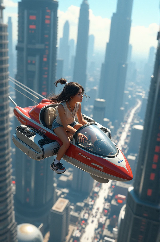 Woman in bikini city center of the future with flying electric car --auto --s2