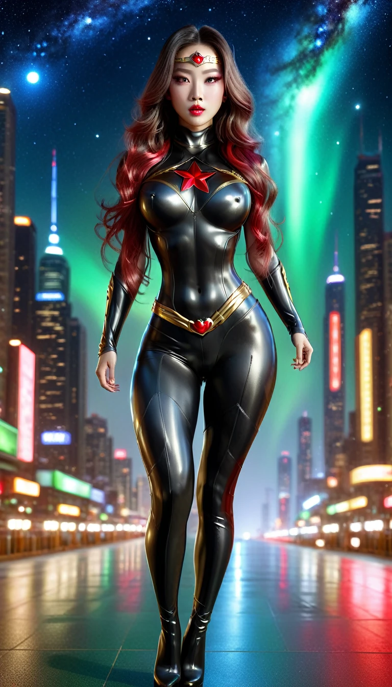 "(best quality, 4k, 8k, highres, masterpiece:1.2), ultra-detailed, (realistic, photorealistic, photo-realistic:1.37), superhero, sexy, (full body Korean woman with makeup, long flowing hair, wearing a black latex superhero outfit, red accents, golden tiara with red gem), (galaxy moonlight background, stars shining), green eyes, seductive stance."