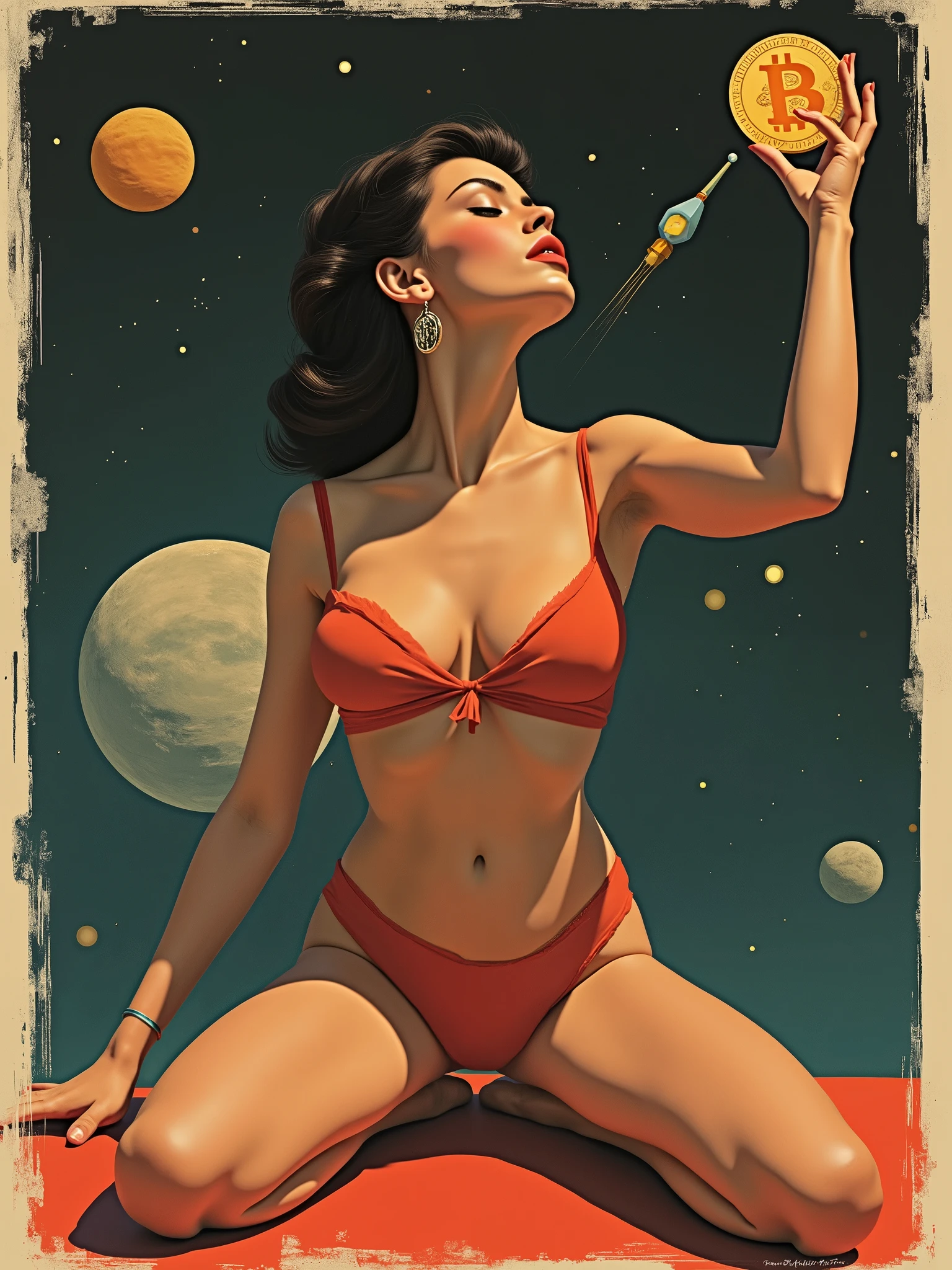 Soviet girl on propaganda poster. Showing cutting-edge 1990-s micro-bikini. Brown hair. Firm tits and ass. Turned showing her ass. Bending over. Standing over camera. Spreading legs, showing pussy, between legs. Seductive smirk. Camera between legs pointing up at pussy and underboob. Big tits.