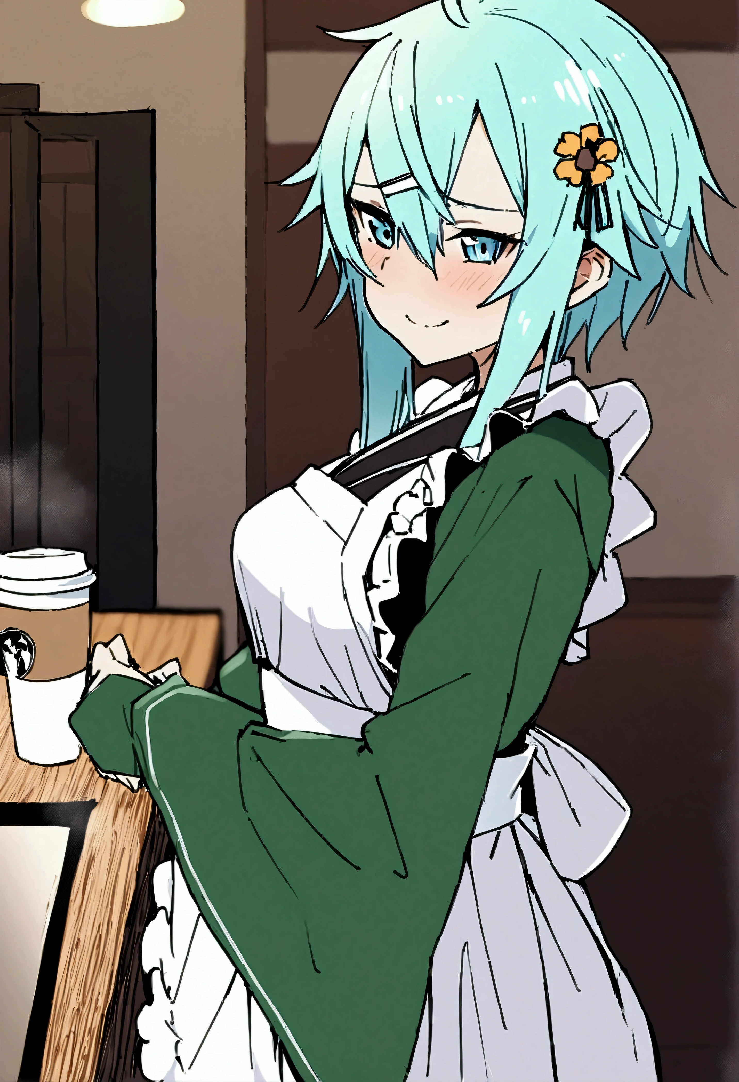 NSFW,masterpiece,Best Quality,High resolution,Very detailed,One girl,Sinon\(Sword Art Online\),kimono、kimono、White apron、緑のkimono、Hair accessories、Long sleeve、Maid、和Maid、Sleeve length up to the wrist、Ruffled Apron、Green Sleeves,Bad Smile,Lustful face,Coffee shop,counter