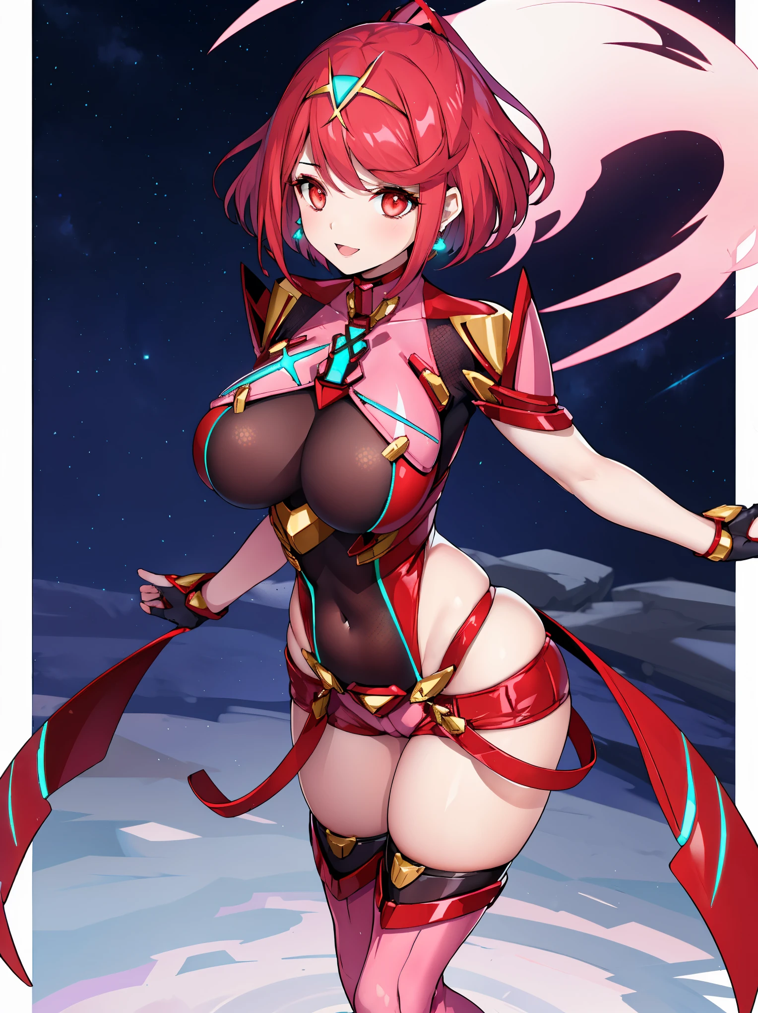 pyra \(xenoblade\), young_teen_1girl, armor, bangs, black gloves, breasts, red eyes, closed mouth, earrings, eyelashes, fingerless gloves, floating hair, framed breasts, gem, gloves, hair ornament, headpiece, jewelry, large_breasts, leaning back, leotard, neon trim, official art, pose, red hair, red shorts, short hair, short shorts, short sleeves, shorts, sidelocks, skin tight, solo, standing, swept bangs, thighhighs, tiara, night_prairie_background, turtleneck, underbust, vambraces, xenoblade chronicles \(series\), (xenoblade chronicles 2), apart_legs, fire_effects,dynamic_pose,light_smile, (plump:1.1), large_thighs, solo, open_mouth,open_arms,want_hug,arms_forward,ponytail