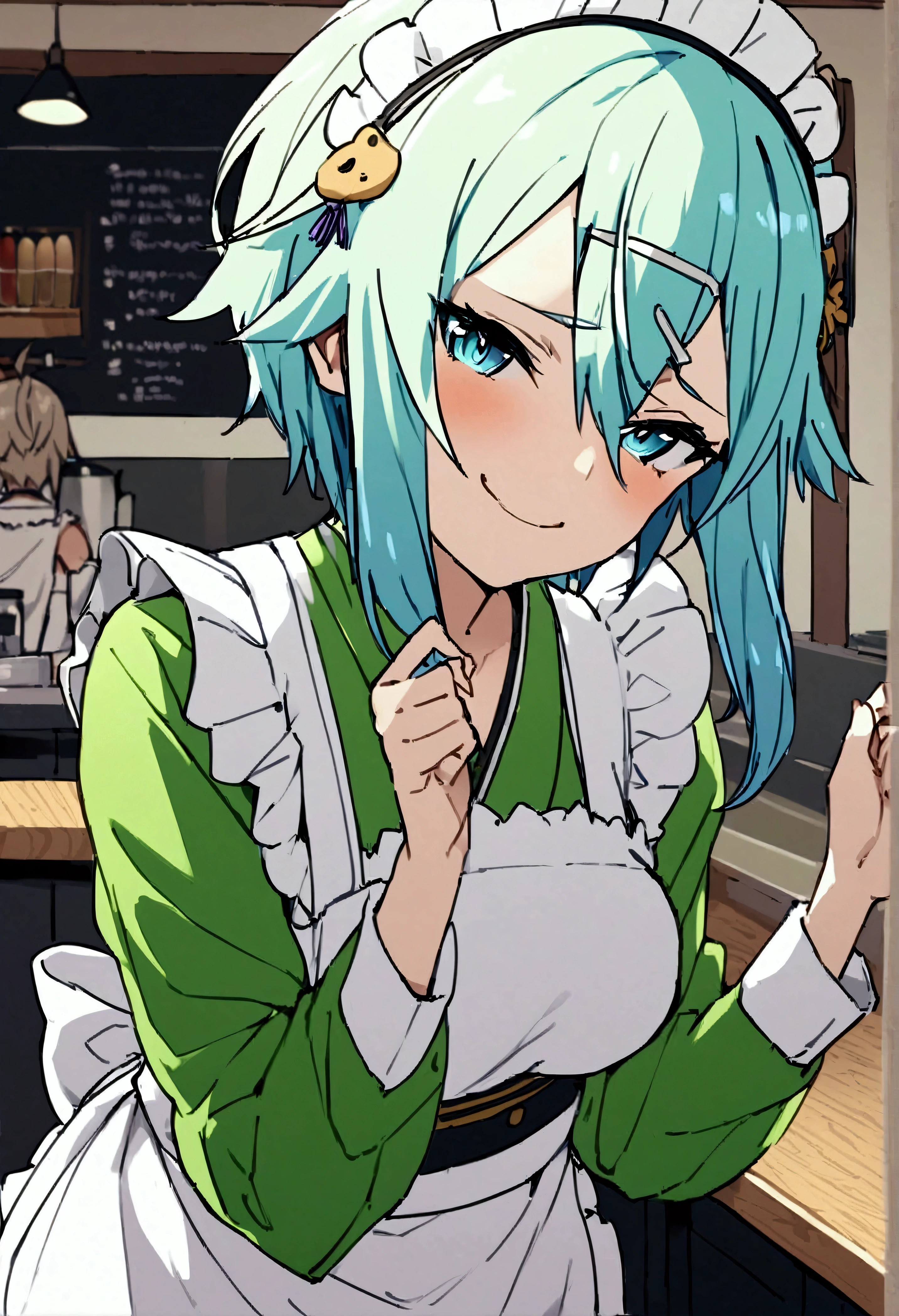 NSFW,masterpiece,Best Quality,High resolution,Very detailed,One girl,Sinon\(Sword Art Online\),kimono、kimono、White apron、緑のkimono、Hair accessories、Long sleeve、Maid、和Maid、Sleeve length up to the wrist、Ruffled Apron、Green Sleeves,Bad Smile,Lustful face,Coffee shop,counter