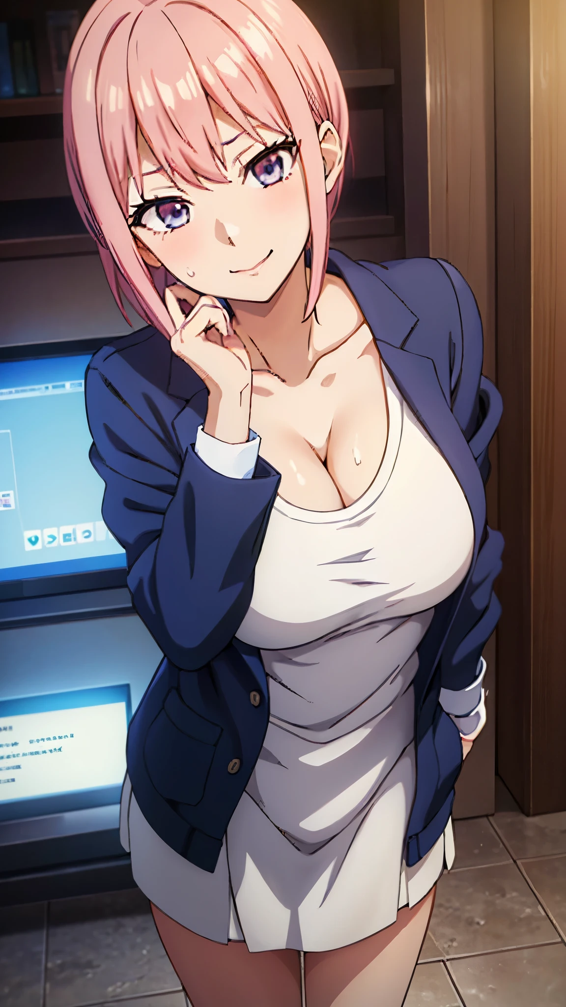 (((masterpiece))),fuyumi itadori, Anime girl characters, 1girl, solo, looking at viewer, medium hair long sleeves, cleavage, bigger breasts, closed mouth, collarbone, jacket, open clothes, open jacket, blue jacket, ground vehicle, sports bra, tall girl, horny, big ass, beautiful face,Charming,  anime visual of a cute girl, screenshot from the anime film, & her expression is solemn, ahegao face, in the anime film, in an anime, anime visual of a young woman, she has a cute expressive face, still from anime, perfect breasts, she is tall, All bodies visible, ahegao face, the face is ahegao, she is horny, A perverted face, she so perverted, she smile so perverted, hd picture, 4k quality, details of the face is so good,bigger breasts, ,change her face and make her face hd and pretty😍, make her face like nakano ichika , she is masturbating