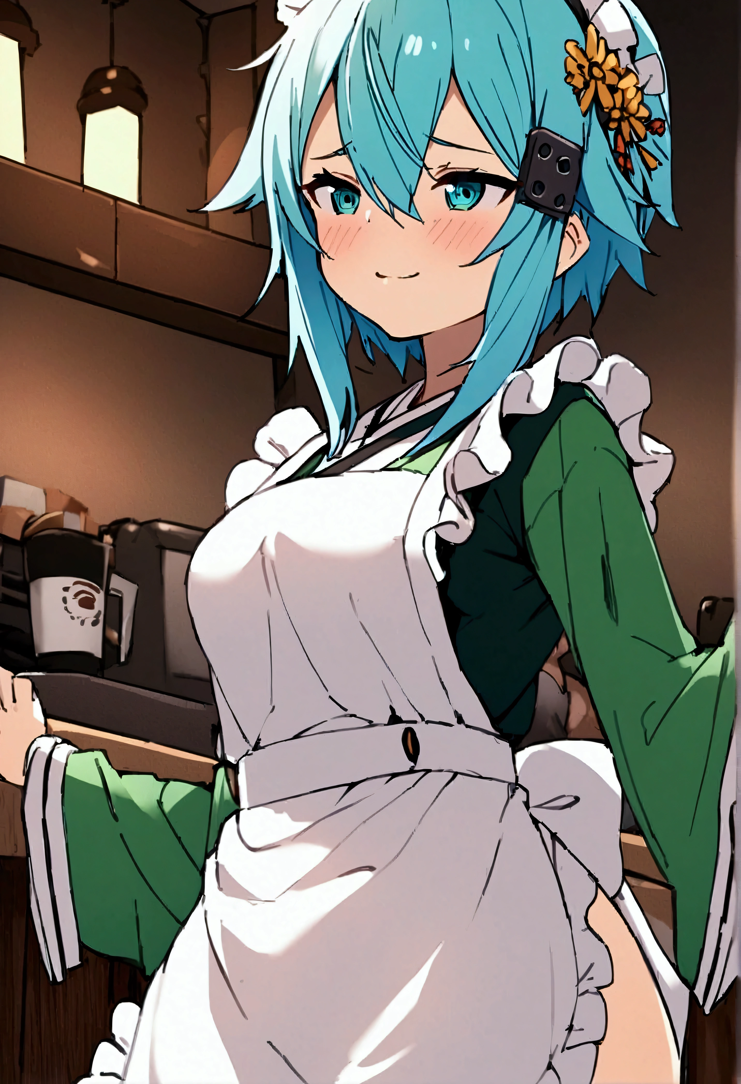 NSFW,masterpiece,Best Quality,High resolution,Very detailed,One girl,Sinon\(Sword Art Online\),kimono、kimono、White apron、緑のkimono、Hair accessories、Long sleeve、Maid、和Maid、Sleeve length up to the wrist、Ruffled Apron、Green Sleeves,Bad Smile,Lustful face,Coffee shop,counter