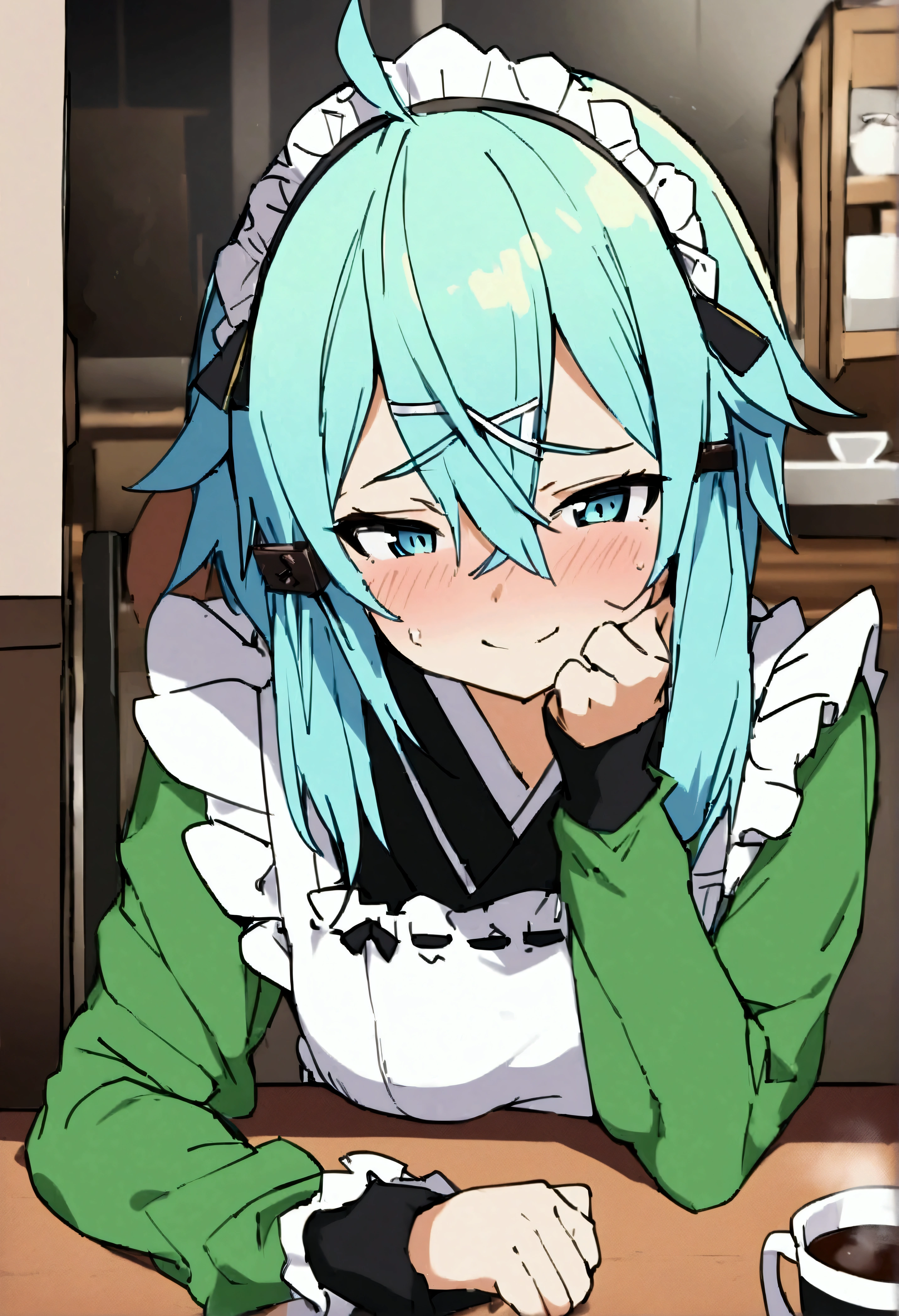 NSFW,masterpiece,Best Quality,High resolution,Very detailed,One girl,Sinon\(Sword Art Online\),kimono、kimono、White apron、緑のkimono、Hair accessories、Long sleeve、Maid、和Maid、Sleeve length up to the wrist、Ruffled Apron、Green Sleeves,Bad Smile,Lustful face,Coffee shop,counter