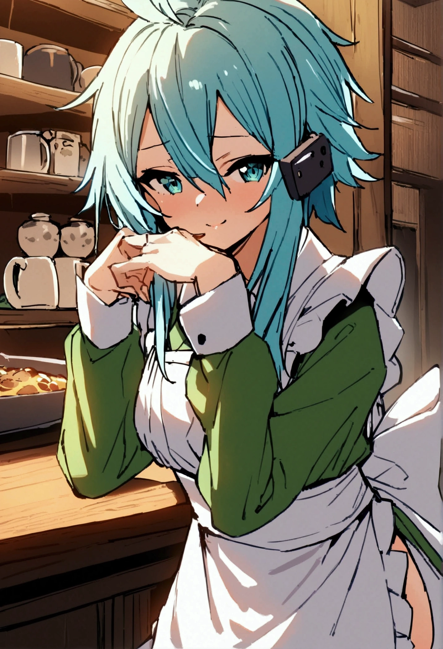 NSFW,masterpiece,Best Quality,High resolution,Very detailed,One girl,Sinon\(Sword Art Online\),kimono、kimono、White apron、緑のkimono、Hair accessories、Long sleeve、Maid、和Maid、Sleeve length up to the wrist、Ruffled Apron、Green Sleeves,Tray,Bad Smile,Lustful face,Coffee shop,counter