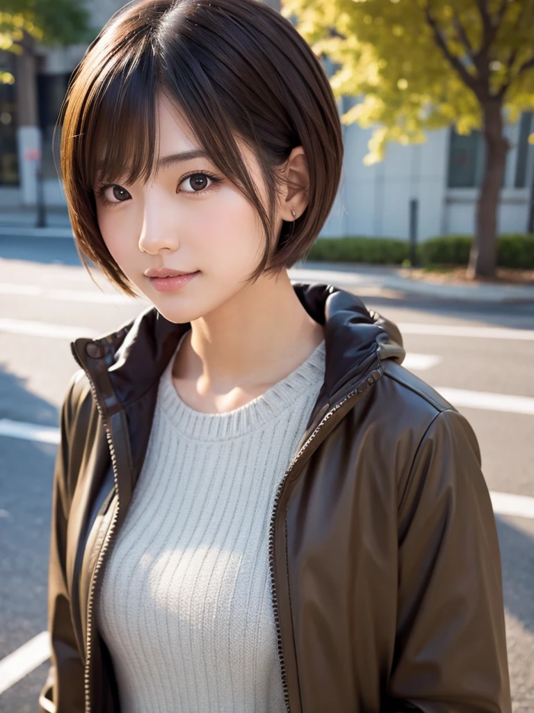 A Japanese girl, layering jacket fashion, brown short cut hair, selfie, (Larger breasts : 0.8), Surrealism, high detail, Realism, UHD, super detail, textured realistic skin, high details, high quality