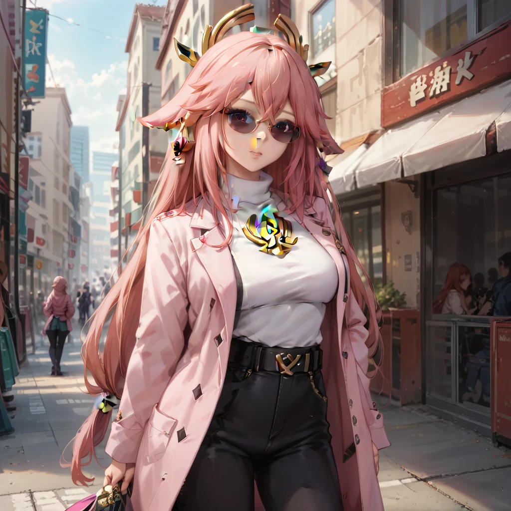 4K, Realistic, Detailed, Super Eyes Details, Fashion clothes, Pink trench coat, French Beret, Black pants with belt, Long Hair, In the city,  Pink Hair, Purple eyes, Yae Miko, Wearing trendy sunglasses,