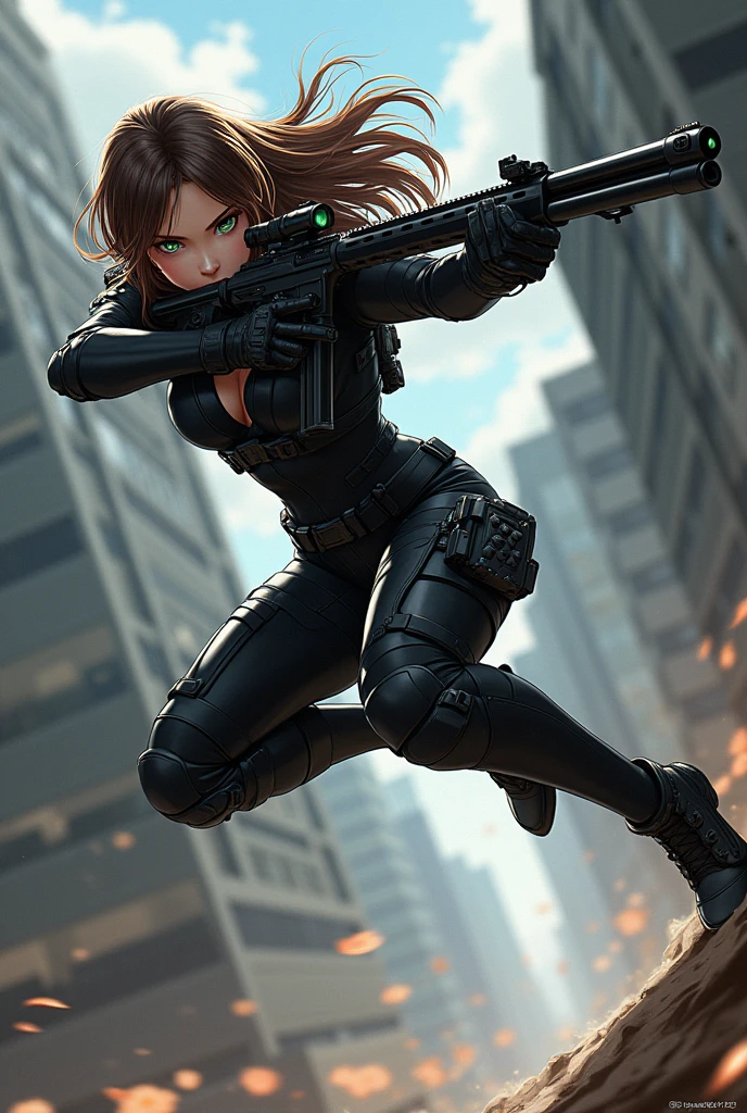 girl in black suit with gun with brown hair and green eyes doing somersault anime comic style