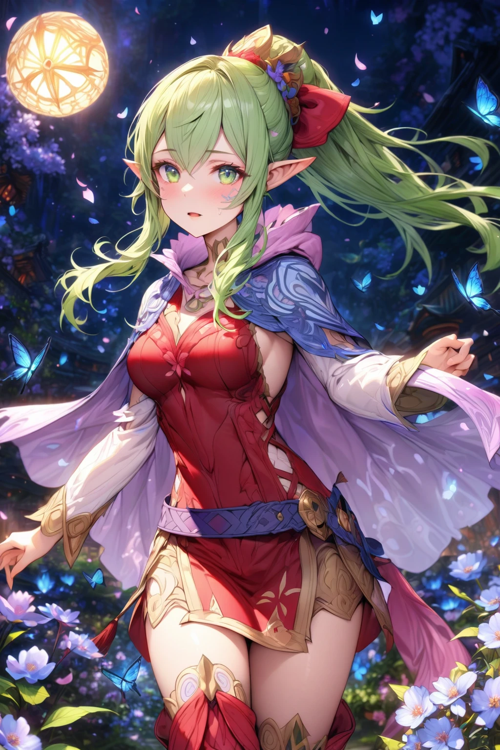 absurdres, highres, ultra detailed, HDR, master piece, best quality, extremely detailed, detailed eyes, detailed face, Tiki, light-green hair, expressive green eyes, slightly pointed ears, Fire Emblem Awakening, solo, woman, beautiful, pink cape, red clothes, belt, blue cherry blossoms, blue butterflies, blue petals, blue flowers, garden, magical, fantasy