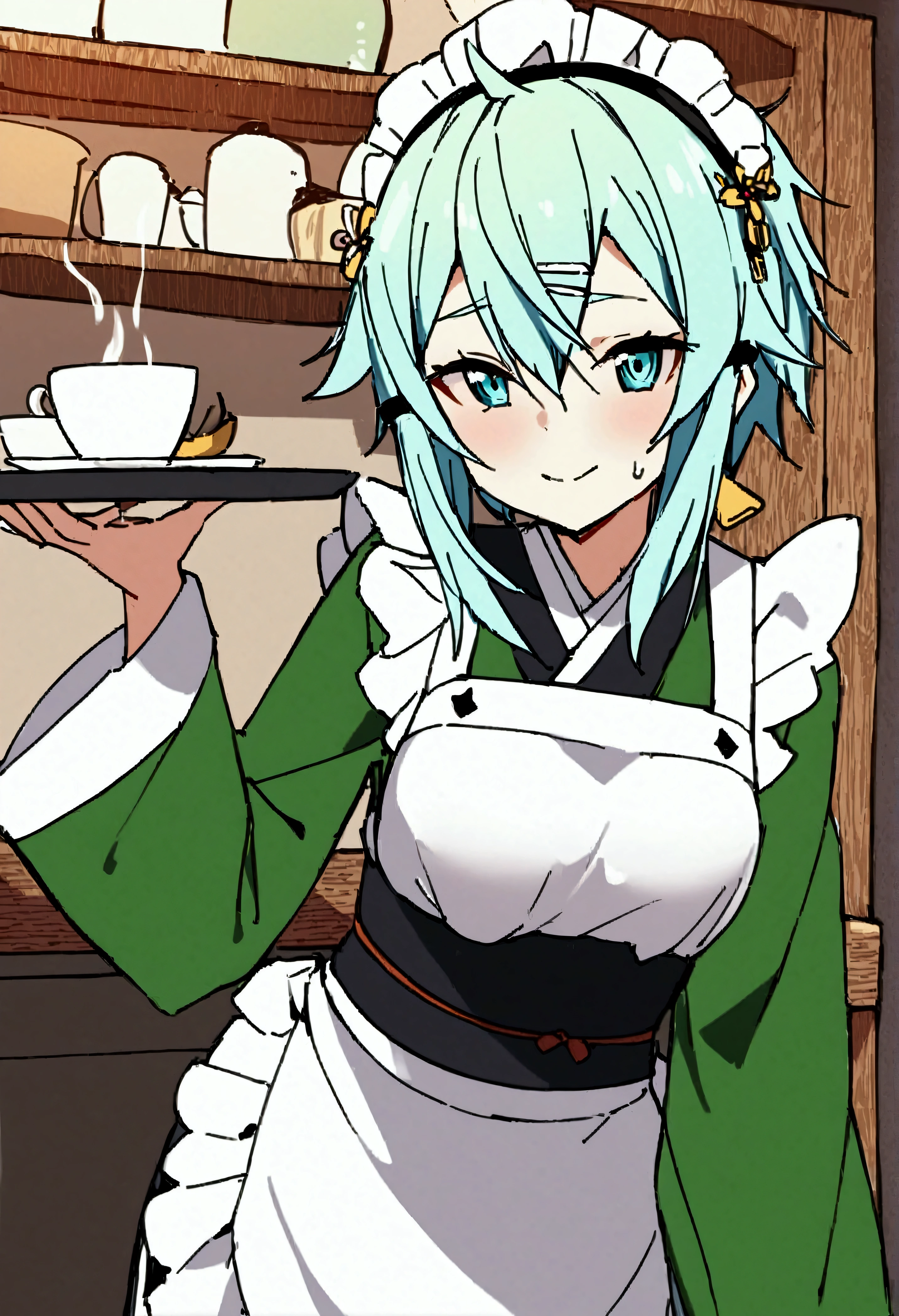 NSFW,masterpiece,Best Quality,High resolution,Very detailed,One girl,Sinon\(Sword Art Online\),kimono、kimono、White apron、緑のkimono、Hair accessories、Long sleeve、Maid、和Maid、Sleeve length up to the wrist、Ruffled Apron、Green Sleeves,Tray,Bad Smile,Lustful face,Coffee shop,counter