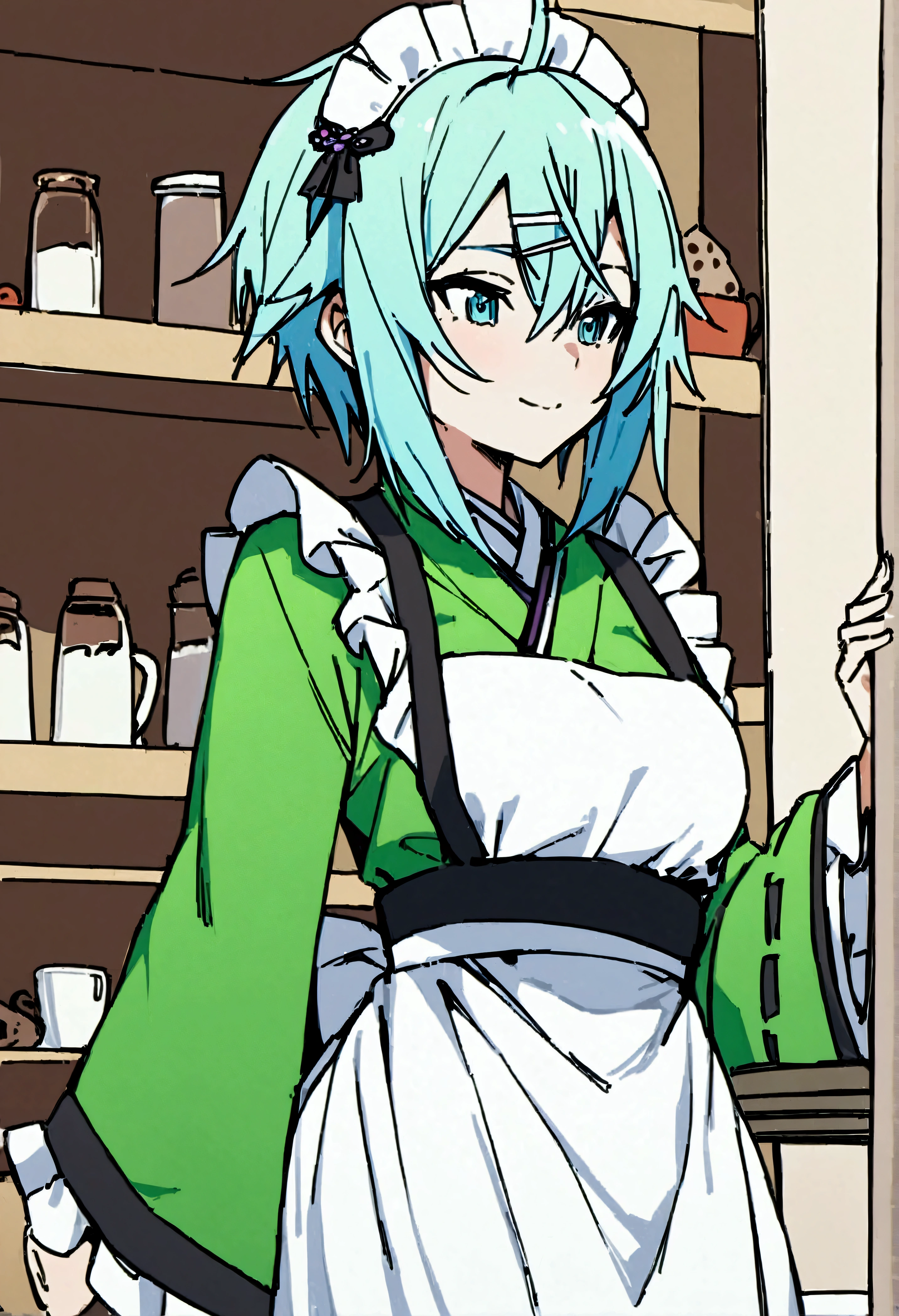 NSFW,masterpiece,Best Quality,High resolution,Very detailed,One girl,Sinon\(Sword Art Online\),kimono、kimono、White apron、緑のkimono、Hair accessories、Long sleeve、Maid、和Maid、Sleeve length up to the wrist、Ruffled Apron、Green Sleeves,Tray,Bad Smile,Lustful face,Coffee shop,counter