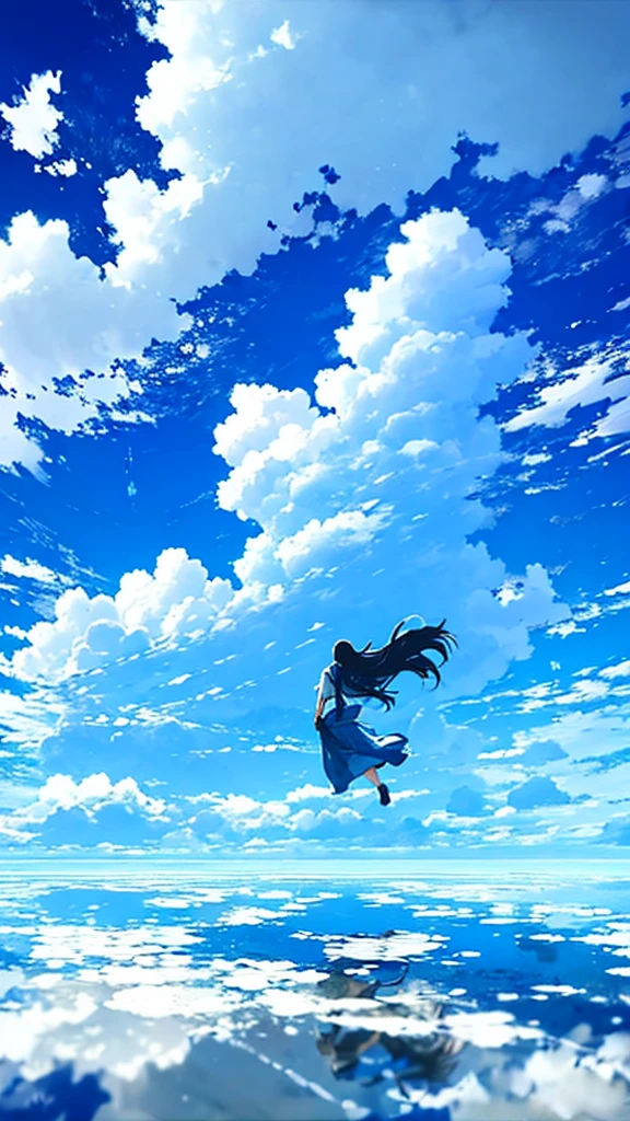 A single figure floats serenely in a vast, vivid blue sky filled with enormous, highly detailed cumulus clouds. The scene captures an ethereal moment, with the individual seemingly suspended in mid-air, surrounded by layers of fluffy white and blue clouds that create a sense of depth and movement. Sunlight filters through the clouds, casting gentle shadows and illuminating the various shades of blue and white, adding a dreamlike quality to the image. The overall atmosphere conveys a sense of tranquility, , and wonder, as if the person is drifting through a boundless, heavenly expanse.