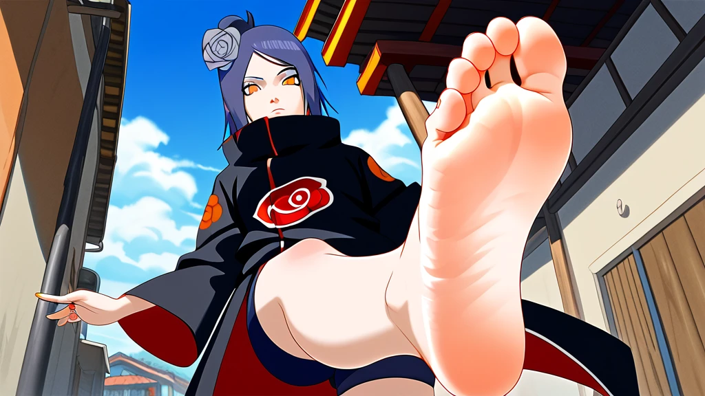 The woman \(Naruto\), Alone, 1girl, closed_mouth, akatsuki outfit, (akatsuki outfit:1.1), flower, hair flower, (orange eyes:1.2), black coat，In the alley，dead end，Dark gray blue hair，Soles出汗，barefoot，Perfect feet，Five toes，Low Angle，Soles，One-leg stand，Lift one foot，Stamp your feet