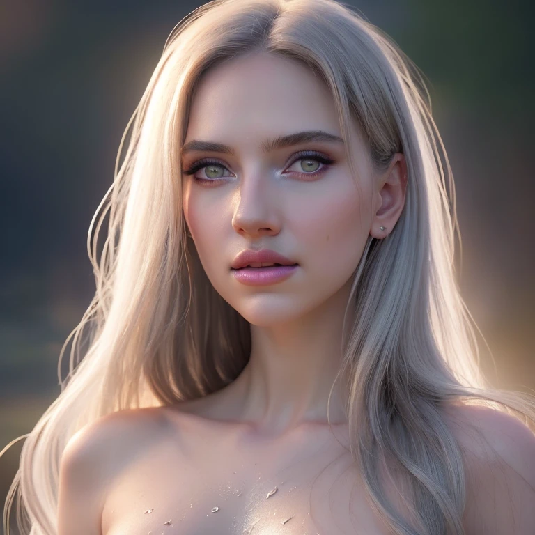 a beautiful woman, porcelain skin, curvy body, silver hair, beautiful eyes, flawless face, gorgeous face, large eyes, delicate lips, slim nose, front-facing photography, (best quality,4k,8k,highres,masterpiece:1.2),ultra-detailed,(realistic,photorealistic,photo-realistic:1.37),highly detailed portrait, cinematic, soft colors, elegant, serene