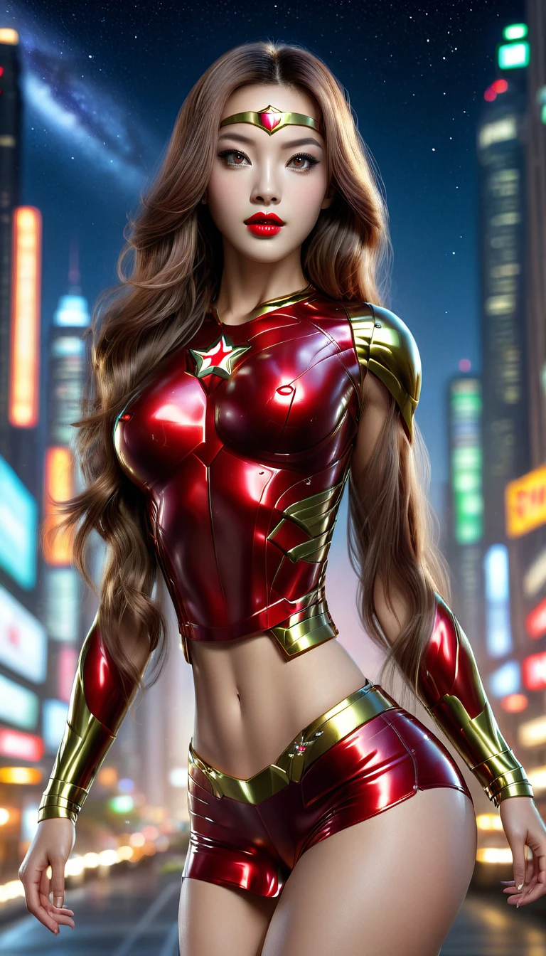 "(best quality, 4k, 8k, highres, masterpiece:1.2), ultra-detailed, (realistic, photorealistic, photo-realistic:1.37), iron man, sexy, (full body Korean woman with makeup, long flowing hair, wearing mini tshirt and mini skirt a black latex superhero outfit, red accents, golden tiara with red gem), (galaxy moonlight background, stars shining), green eyes, seductive stance."