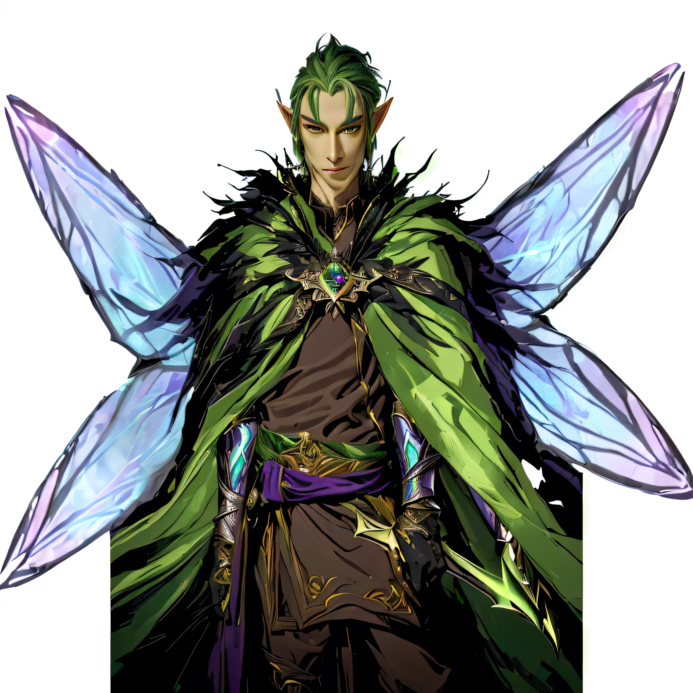 arafed image of a male with a green cape and purple wings, a male elf, elven male, a portrait of a male elf, quirky king of faes ( with long, beautiful male elf, male elf ranger, portrait of a slender elven man, elven character with smirk, casimir art, arsen lupin as a paladin