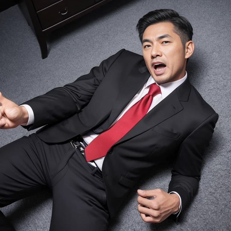A middle-aged Japanese man in a suit collapsed dead.、His clothes and face were covered in blood.。