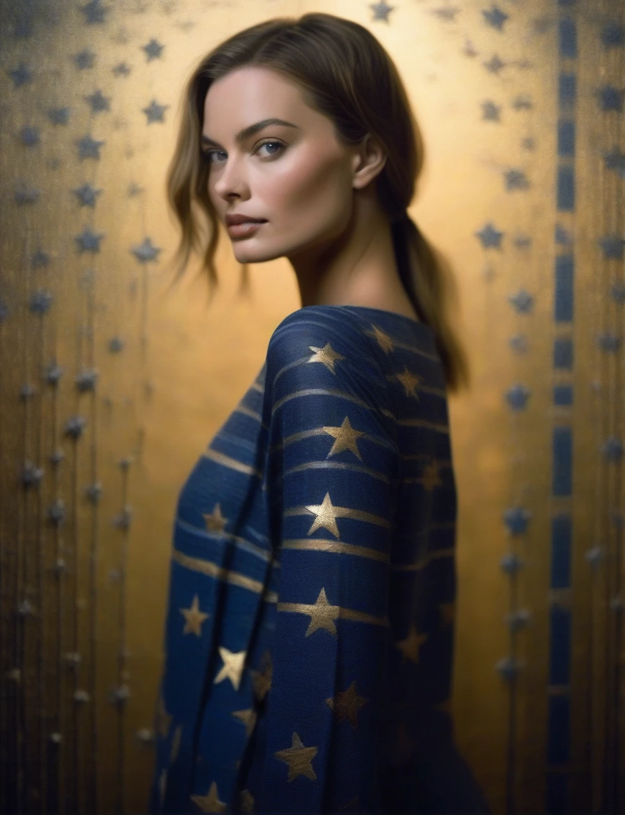 MargotRobbie, (art by Henri Le Sidaner:1.3) ,art by Bill Brauer, photograph, highly detailed, Sharp Murano tiny Qin Dynasty (Female:1.3) , Soul reaver, wearing Wide-leg pants and off-the-shoulder top in stripes patterns, Dark Pixie hairstyle, Stars in the sky, soft focus, Illustration, deep indigo lighting, film grain, Fuji superia 400, Depth of field 100mm, two colors, nude pic