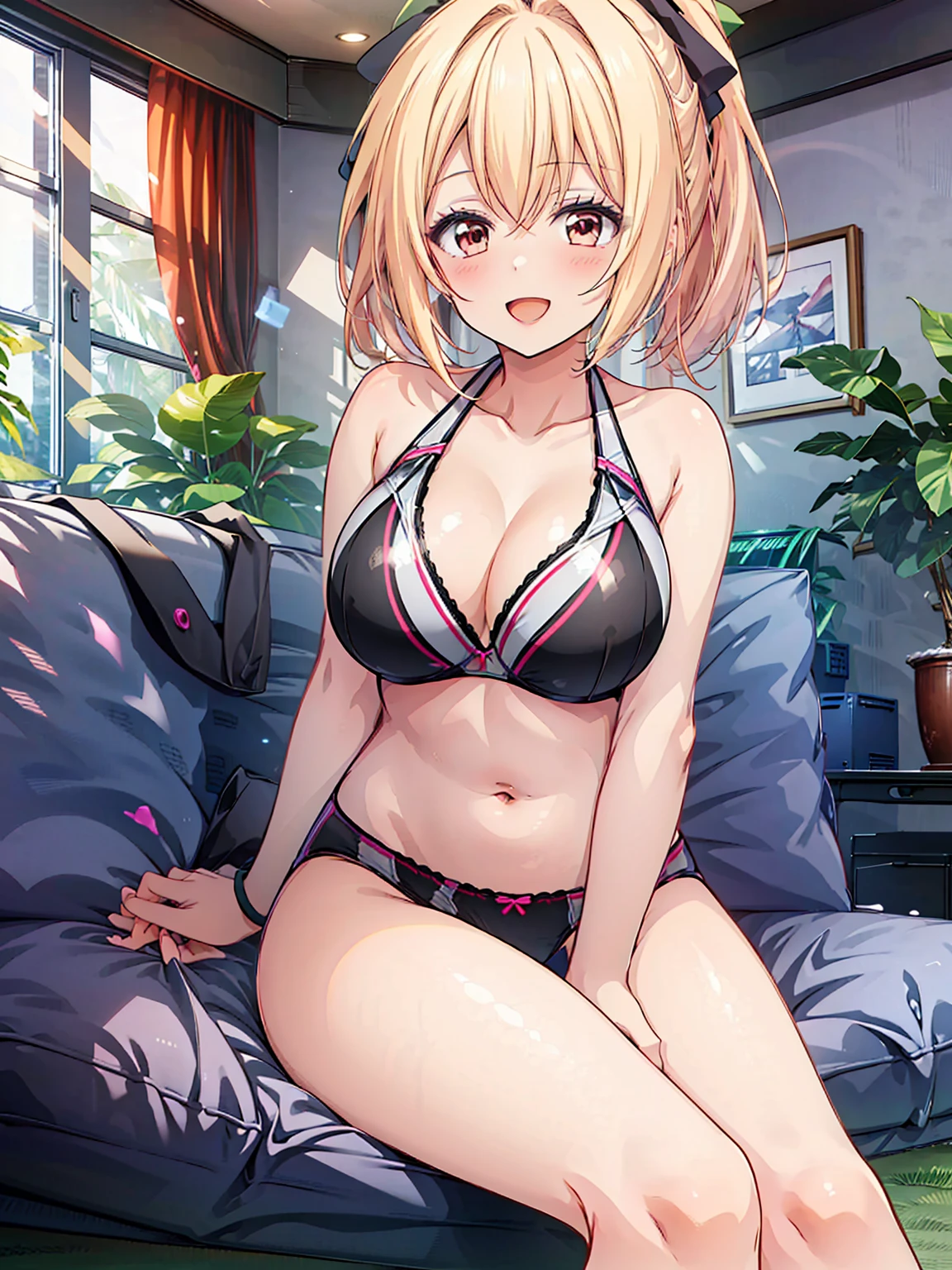 the image of anime female wearing a black-red bikini, sitting at a window, 1girl, breasts, solo, navel, large breasts, smile, cleavage, couch, sports bra, looking at viewer, sitting, on couch, spread legs, thighs, stomach, bare shoulders, underwear, panties, indoors, blush