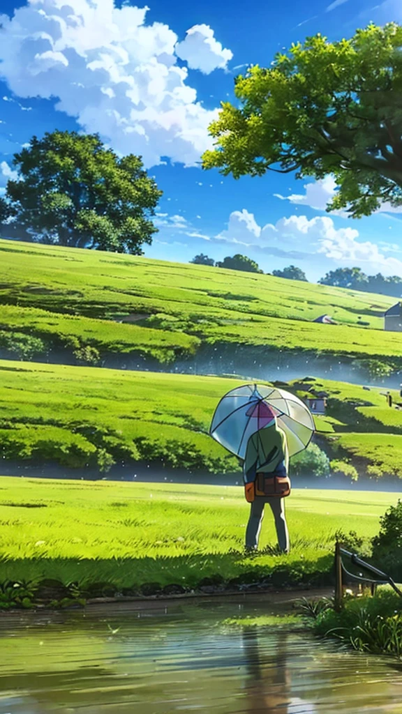 a painting of a boy in the countryside in the rain airplane in the sky TINTIN STYLE anime art wallpaper 4k, 4k anime art wallpaper, animated background, anime art wallpaper 8k, animated background art, Animated landscape wallpaper, amazing wallpaper, HD wallpaper, 4k anime wallpaper, 4k anime wallpaper, anime countryside landscape, Highly detailed 4k digital art
