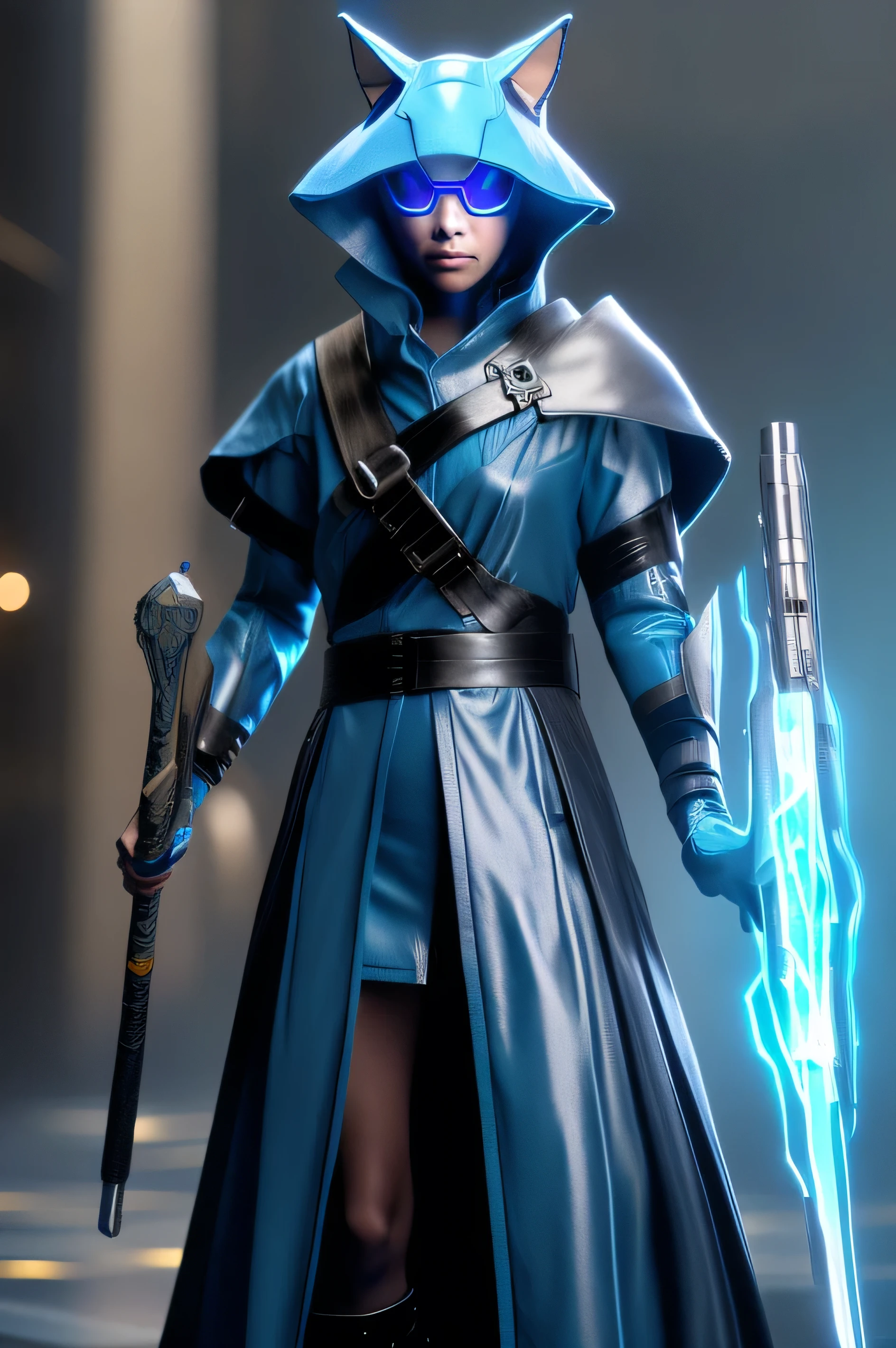 sci fi cleric, blue cat hybrid woman furry, holding a futuristic staff, with a robe, enemy monsters in the background, realism, sci fi, cool cyber helmet, hyper realistic
