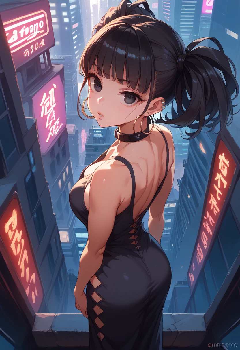 1 woman, round face, piercing sem umbigo, high angle perspective, back view, Full lips, mischievous face, round face, detailed face, ((black twintail hair)), fringe, big black eyes, pursed lips, toned belly, new cost, respiratory mist, breasts,(midi dress), black collar, Large hoop earrings, extremely flushed face, thin waist, on the roof, detailed city background, futuristic city, coverage, many skyscrapers, Tokyo, japanese symbols neon lights, volumetric lighting, thick thighs, More details.