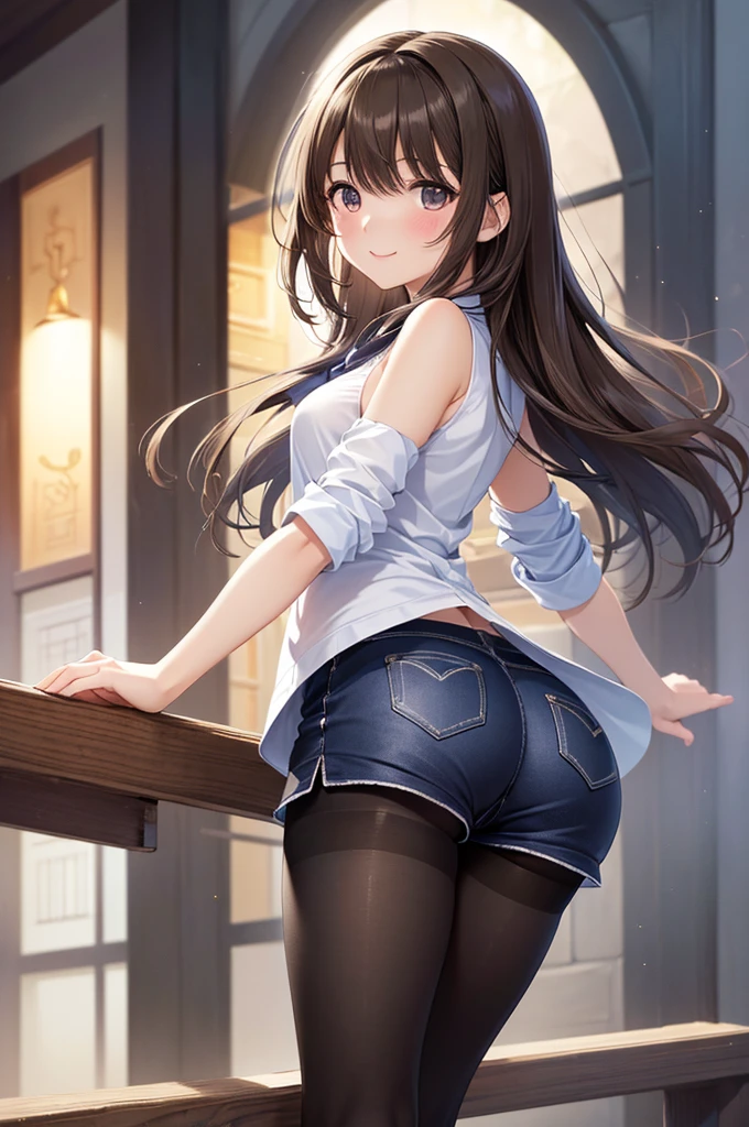 ((table top, highest quality, High resolution, perfect pixel,  4K)), 1 girl, single, alone, beautiful woman、I could see the whole body、 ((middle wavy hair, bangs, brown hair)), ((brown eyes, beautiful eyelashes, realistic eyes)), ((detailed face, blush:1.2)), ((smooth texture:0.75, realistic texture:0.65, realistic:1.1, Anime CG style)), big breasts, dynamic angle, perfect body, ((Sheer white shirt, transparent nipples, black skirt, plaid skirt)), City staircase、Angle looking up from the bottom of the stairs、Very embarrassing panic smile, looked back、leaning forward、((The wind flipped my skirt and exposed my butt.、Touching the buttocks with both hands、Light Pink Lace Panties))、(((((cum in panties、semen)))))