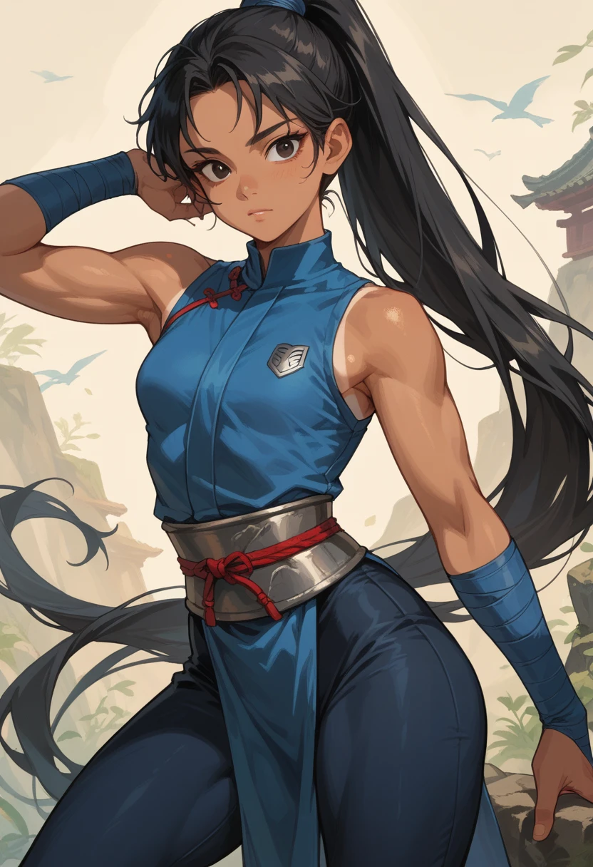 (woman, long ponytail, black hair, black eyes, tanned skin) blue ninja cloth, small breast, athletic body, blue light armor, black pants