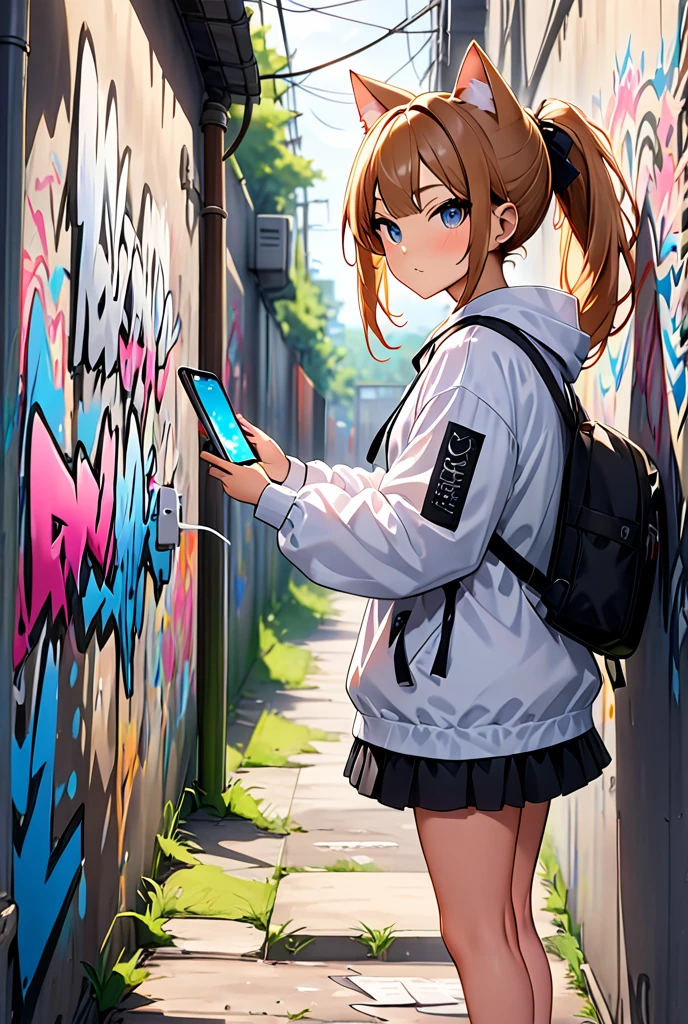 straight letter , master piece , “ Charging your smartphone " , graffiti art , Japanese anime style , cat ear YouTuber gal , drawing on the back alley wall  , going over , in many other graffiti art, going over, graffiti type ,straight letter,master piece, 