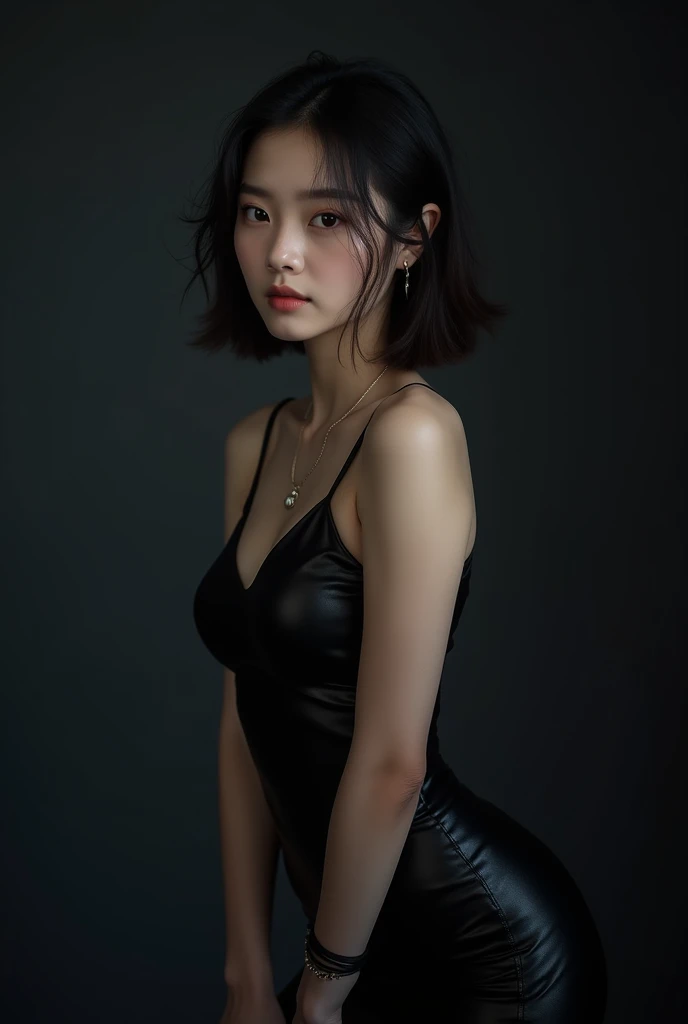 Best quality, masterpiece, ultra high res, (photorealistic:1.5), raw photo, 1girl, offshoulder, in the dark, deep shadow, low key, cold light, sexy look, short hair