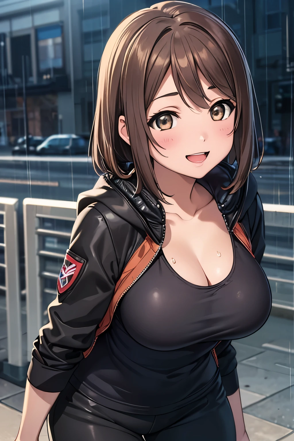  (Maximum resolution:1.2)、(Ultra HD: 1.2), 8k resolution、Highly detailed face and skin texture, Cinematic Light、Perfect figure、Brown eyes、Blushing smile、Open your mouth、((Brown hair medium long:1.2))、((Realistic texture:1.1))、((Very large breasts))、((Black padded jacket))、Black slacks、In front of the schoolyard、Pouring rain、Cleavage、Grey tank top