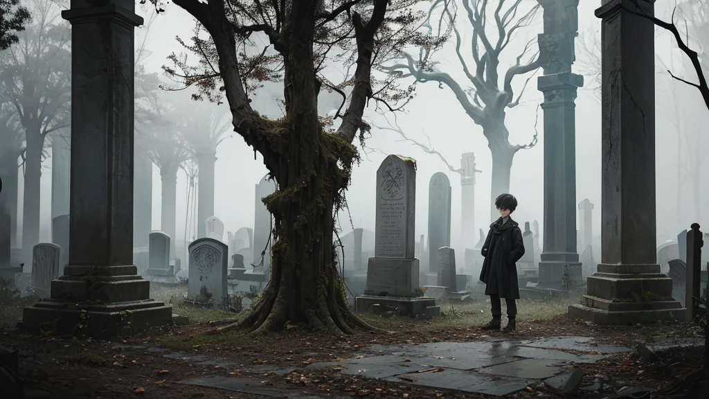 A cinematic landscape photograph captures a hauntingly eerie scene in a Victorian-style, post-apocalyptic ruin of an ancient graveyard. The subject of the image is a poor , dressed only in old, ripped clothes with one side replaced by a large hole that serves as his face. He stands amidst crumbling gravestones and broken statues, surrounded by dark, eerie elements such as twisted trees, hanging vines, and mysterious structures shrouded in fog. The atmosphere is both foreboding and beautiful, enhanced through dramatic lighting techniques like extreme depth of field and shallow depth of focus to create a sense of isolation around the . The background is painstakingly detailed, with intricate carvings on broken graves, weathered stone walls, and decaying vegetation that add to the overall feeling of desolation. Camera placement at ground level further emphasizes the grandeur of this dark and scary place, while close-ups provide a dramatic view of the detailed hole in the boy's face, revealing his hollow expression amidst the wreckage.