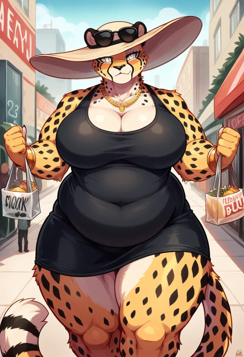 anthro, furry, furry female, cheetah,((short fur,furry, smooth fur)), (cheetahprint), black pupils, golden yellow fat body, golden yellow fur, silver eyes, tail, detailed fur, detailed face, detailed eyes, (summer dress, wide brim hat, sunglasses), city, (by null-ghost,by raccoon21, masterpiece, high quality, hi-res, 8k, hd), standing, looking at viewer, afternoon, outdoors, arrogant expression, seductive, carrying bags, shopping bags, Female cheetah, fat, very fat, obese, overweight, fat belly, fat thighs, fat arms, lovehandles, big breasts, silver eyes, golden yellow fur, black cheetah markings, black clothes, silver earrings, silver bracelets, silver rings, silver necklaces, sunglasses, black nipples, size difference, taller than others