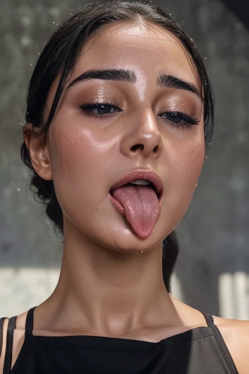 Taylor Hill、High resolution realistic photos,8k,realistic skin texture,to be born々New People,1 girl,table top,,Awards - Award-winning photos, very detailed, focus the eyes clearly, nose and mouth,face focus, super close up of face、woman with open mouth and closed eyes, black camisole、20-year-old,black haired、symmetrical face,realistic nostrils、angle from below、elongated C-shaped nostrils,((gray background))、sweaty skin、Lighting that highlights glowing skin caused by sweat、((sharp nose))Skin shiny with sweat、shiny skin、sweaty hair、sunlight、(wrinkles between eyebrows)((frown))（cum on tongue)、deep kiss、((thin eyebrows))oily skin、glowing skin、double eyelid、wet and shiny tongue、tied hair、updo、My head went up,Hyperrealistic,Real Skin