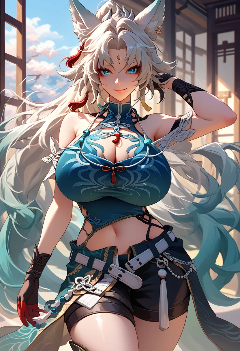 An anime-style artwork depicting Feixiao from the game star rail Tags: FeixiaoDefault, animal ears, long hair, ponytail, gradient hair, white hair, blue eyes, forehead jewel, ear piercing, tassel hair ornament, tassel earring, blue shirt, chinese clothes, brooch, red tassel,  black gloves, fingerless gloves, white belt, , black shorts, thigh strap, knee boots, anime, detailed eyes, detailed lips, (crop top : 1.4), (cleavage), bare shoulders, miniskirt, animal ears, long hair, ponytail, gradient hair, white hair, blue eyes, forehead jewel, ear piercing, hair ornament,, smiling expression, intense gaze, dynamic pose, , vibrant colors, digital art, high-resolution, professional quality, gigantic breasts, cleavage, curvy, cowboy shot, (gigantic breasts: 1.4), inside palace 