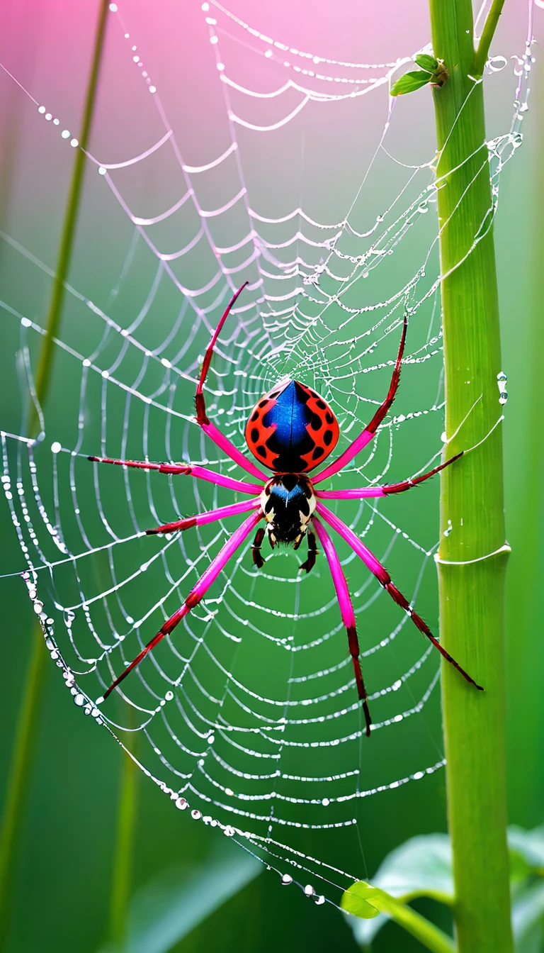 # Scene prompt with bright pink spider - large in the center、Extremely bright pink spider - its body is mainly fluorescent pink.、The gradation of hot pink and magenta creates a three-dimensional effect - the surface of the body has a satin-like luster.、It reflects the light and shines - the intricate geometric pattern on its back、It is painted in a brighter neon pink - purple in some parts of the pattern、gold、Add a silver glitter effect、Creates a dazzling effect - Legs are a gradation from deep shocking pink to pale baby pink - Compound eyes shine with rainbow colors、Reflecting pink light - A small crown-like decoration on the head（Sparkle as if made of pink gold）

- The spider has a sad look on its face.、A tear-like shine on the eyes（Tears have a pink glow）

- There are several small creatures around the spider（Pink butterfly、Pink ladybug、Pink ants etc.）
  - These creatures、Entangled in spider silk - Spider silk - Semi-transparent silk with pink hues and iridescence - The silk gently envelops the creatures - Background - A hazy forest landscape（Tree with pink flowers々）
  - It&#39;s a dark atmosphere.、Only the spider and its surroundings are bathed in a soft pink light. The overall atmosphere is sad, yet、Beautiful and fantastical atmosphere - High contrast color scheme with pink as the base color、- Art style - Semi-realistic depiction of spiders and threads、Fusion of fantasy elements - Detailed texture - Pink々Use a variety of colors、Rich color expression