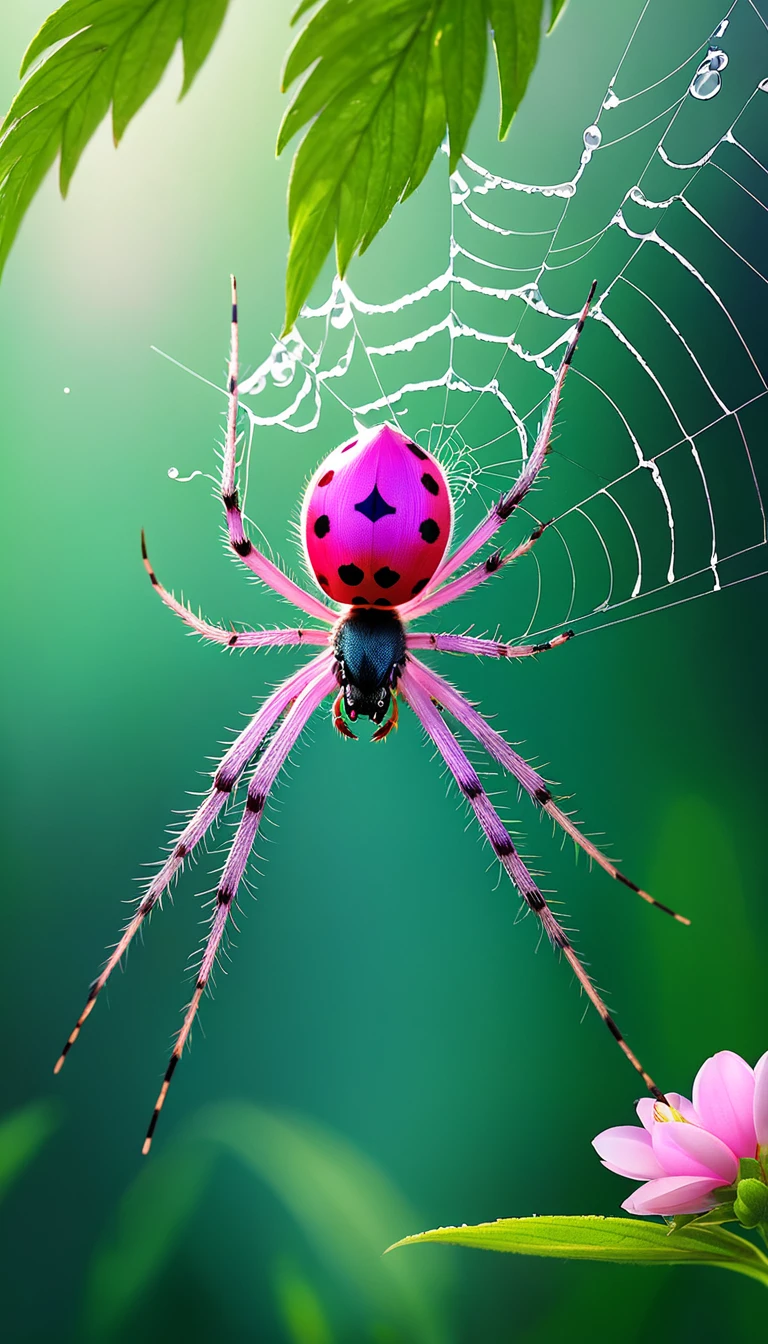 # Scene prompt with bright pink spider - large in the center、Extremely bright pink spider - its body is mainly fluorescent pink.、The gradation of hot pink and magenta creates a three-dimensional effect - the surface of the body has a satin-like luster.、It reflects the light and shines - the intricate geometric pattern on its back、It is painted in a brighter neon pink - purple in some parts of the pattern、gold、Add a silver glitter effect、Creates a dazzling effect - Legs are a gradation from deep shocking pink to pale baby pink - Compound eyes shine with rainbow colors、Reflecting pink light - A small crown-like decoration on the head（Sparkle as if made of pink gold）

- The spider has a sad look on its face.、A tear-like shine on the eyes（Tears have a pink glow）

- There are several small creatures around the spider（Pink butterfly、Pink ladybug、Pink ants etc.）
  - These creatures、Entangled in spider silk - Spider silk - Semi-transparent silk with pink hues and iridescence - The silk gently envelops the creatures - Background - A hazy forest landscape（Tree with pink flowers々）
  - It&#39;s a dark atmosphere.、Only the spider and its surroundings are bathed in a soft pink light. The overall atmosphere is sad, yet、Beautiful and fantastical atmosphere - High contrast color scheme with pink as the base color、- Art style - Semi-realistic depiction of spiders and threads、Fusion of fantasy elements - Detailed texture - Pink々Use a variety of colors、Rich color expression