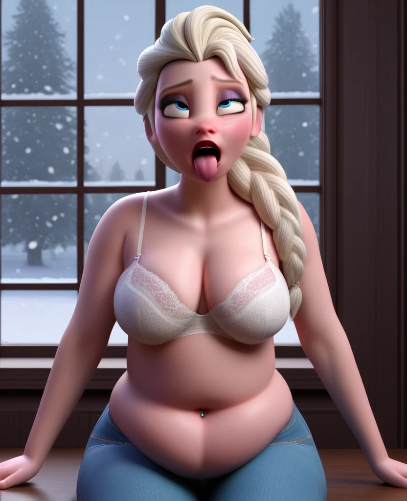 (( 3D, a slim and short Man,a Man pinching elsa's cheeks,A Man pinching and  touching Elsa's Belly )) ,Tall ,slim faced Surprised Elsa,literally gained a plump belly,Trying to wear jeans but they don't fit because she gained put on weight,fullbodyimage,Raised Eyebrows,wide eyes, Plump body,The button on the jeans does not close because of her belly,her hands resting on her belly,navel piercing, Belly, Her Tight Jeans Cannot Cover Her Hips ,(sit on next to the big Palace Window, The palace Window overlooking a Snowy Forest, Snowy Tipi weather, Tipi Weather storm ),half closed eyes,eyes focus, open mouth, tongue out, Ahegao,Red Lips, Deep Belly button,jeans button popping,triangle body shaped,wearing a white bra,,